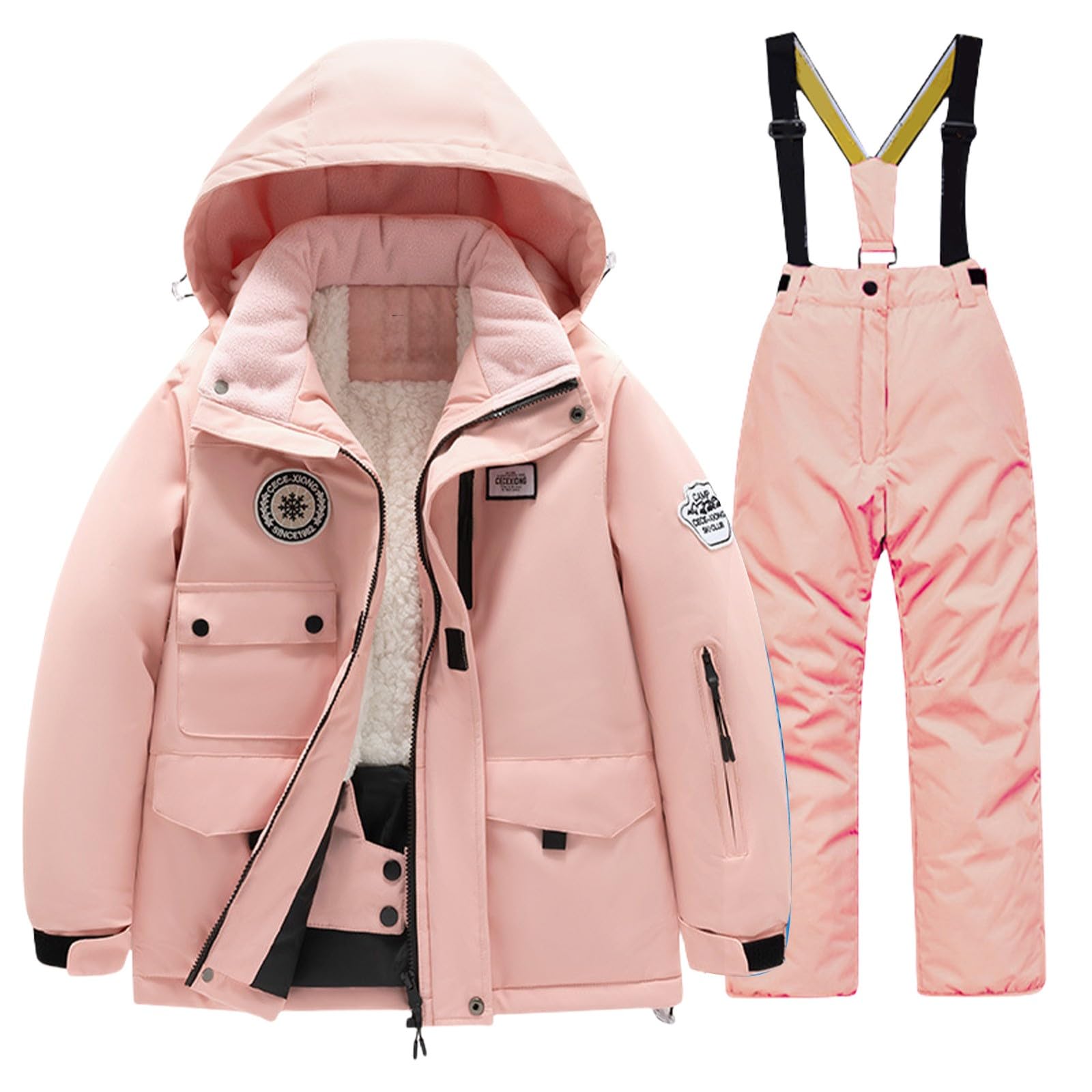 LOSVIP Combinaison de neige pour enfant garçon et fille avec capuche - Doublure polaire imperméable - Thermique - Multipoches - Combinaison de ski - 2 pièces - Veste de ski, Rose, 12-13 ans