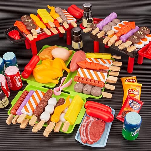 Juego de 80 piezas interactivo para barbacoa, juego de cocina realista con herramientas de parrilla y accesorios de comida para niños de 3 a 8 años,