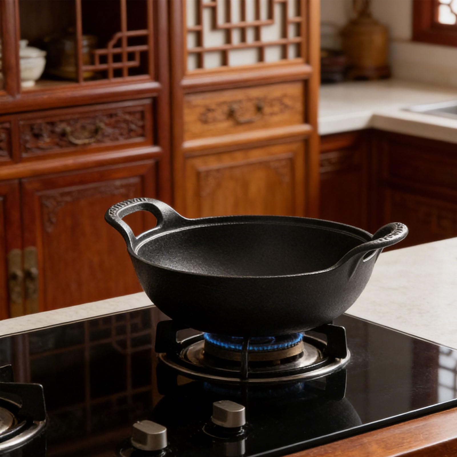 POENVFPO Pentola in Ghisa con Coperchio in Legno, 27 Cm (BLACK)