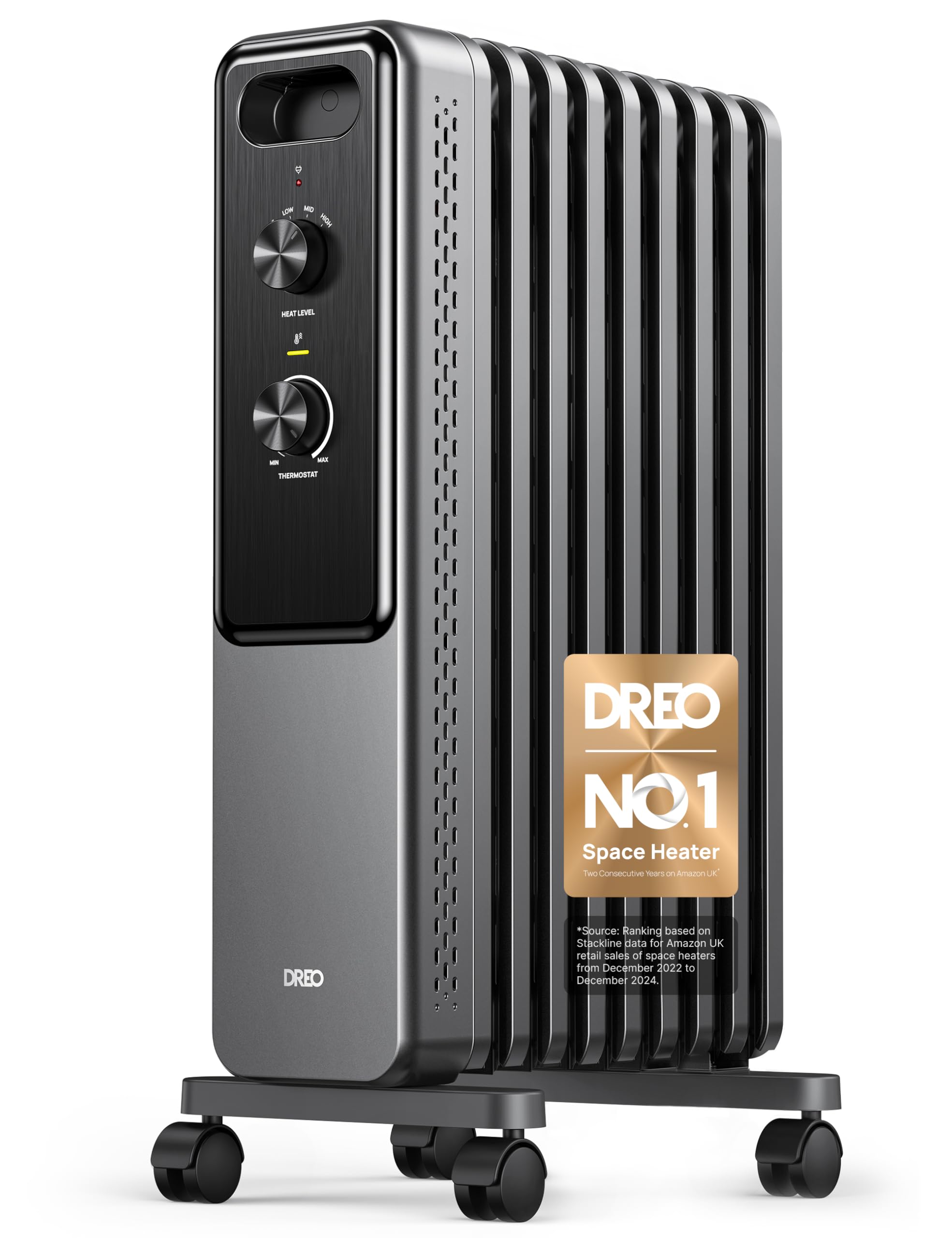 Dreo Grey 9 Fins Oil Filled Radiator Heater, 2000W Silent Electric Heaters For Bedroom, Free Standing, Overheat & Tip-Over Protection, Adjustable Thermostat, Child Lock, Dual Knobs, Energy Saving, Quiet