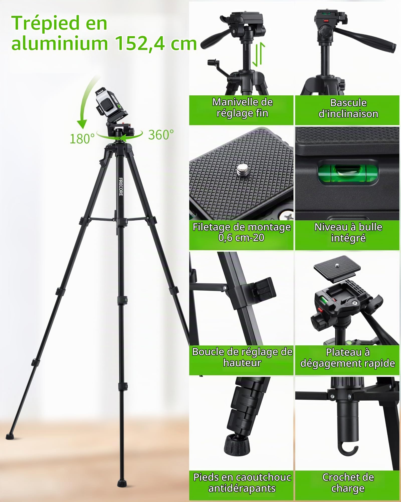Firecore Niveau Laser 360 Autonivelant ​​avec Trépied 150cm,Niveau Laser Vert 12 lignes avec 2 Batteries lithium-ion et en charge USB, lazer niveaux bricolage avec Télécommande et étui de transport