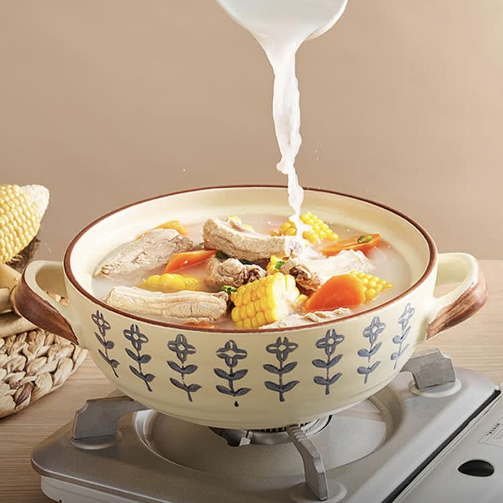 Keramikauflauf, Handgefertigter Keramiktopf für Reisgerichte, Langsames Garen, Suppen, Keramik Kochtopf mit Deckel für Eintopf, Hotpot, Familienküche Zuhause (A 1.5L)