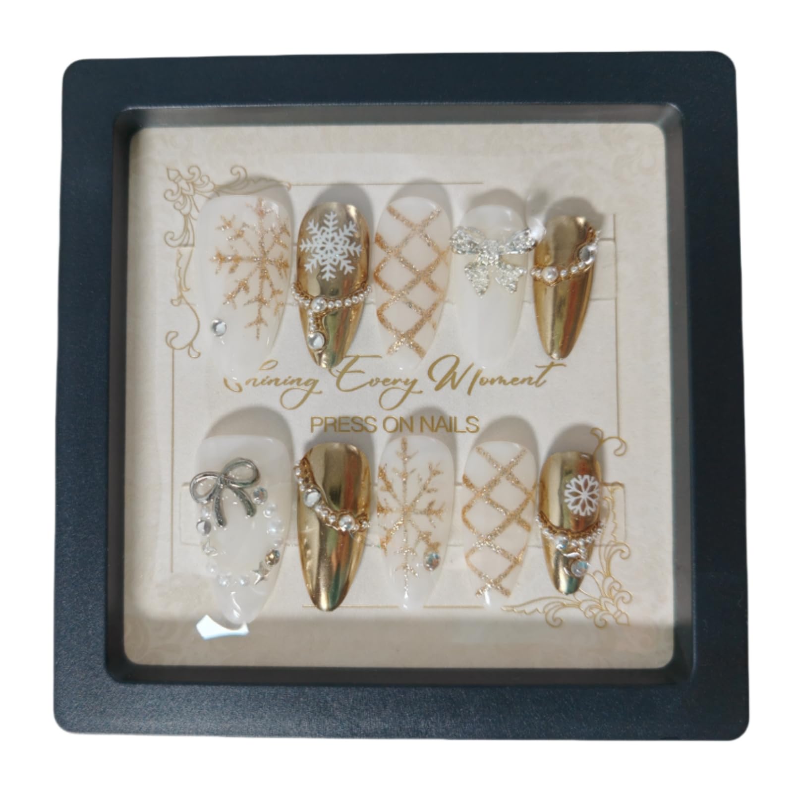 Almond Press on Nails Handmade Medium Long/Stiletto 3D Flower Fake Nail with Designs, Women Reusable False Nails (Metallic Golden, L)