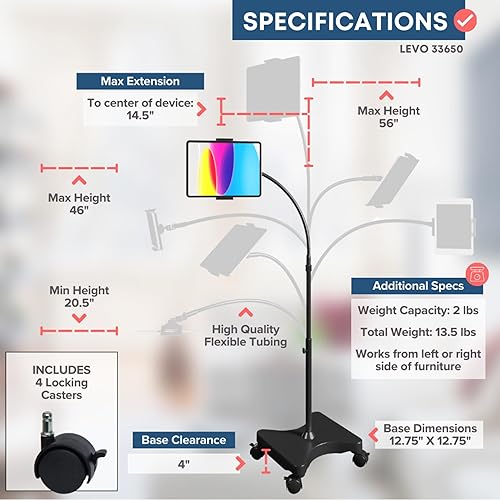 Miniatura 3 de LEVO Soporte de piso de altura ajustable para tableta y teléfono, soporte de cuello de cisne con base estable, compatible con todos los teléfonos