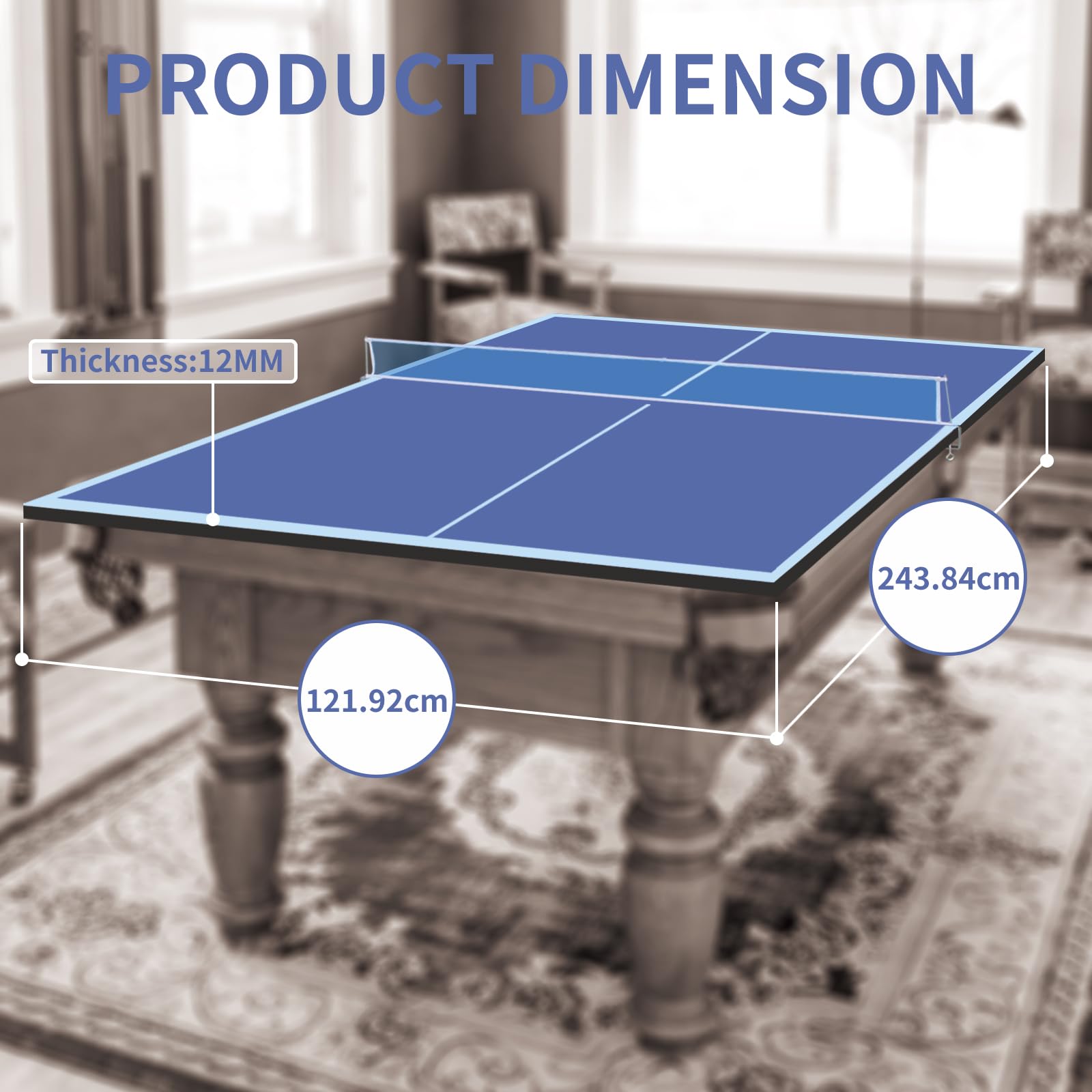 Tavolo da ping pong pieghevole per esterni e interni, resistente alle intemperie, in MDF da 12 mm, per casa, blu, 244 x 122 cm