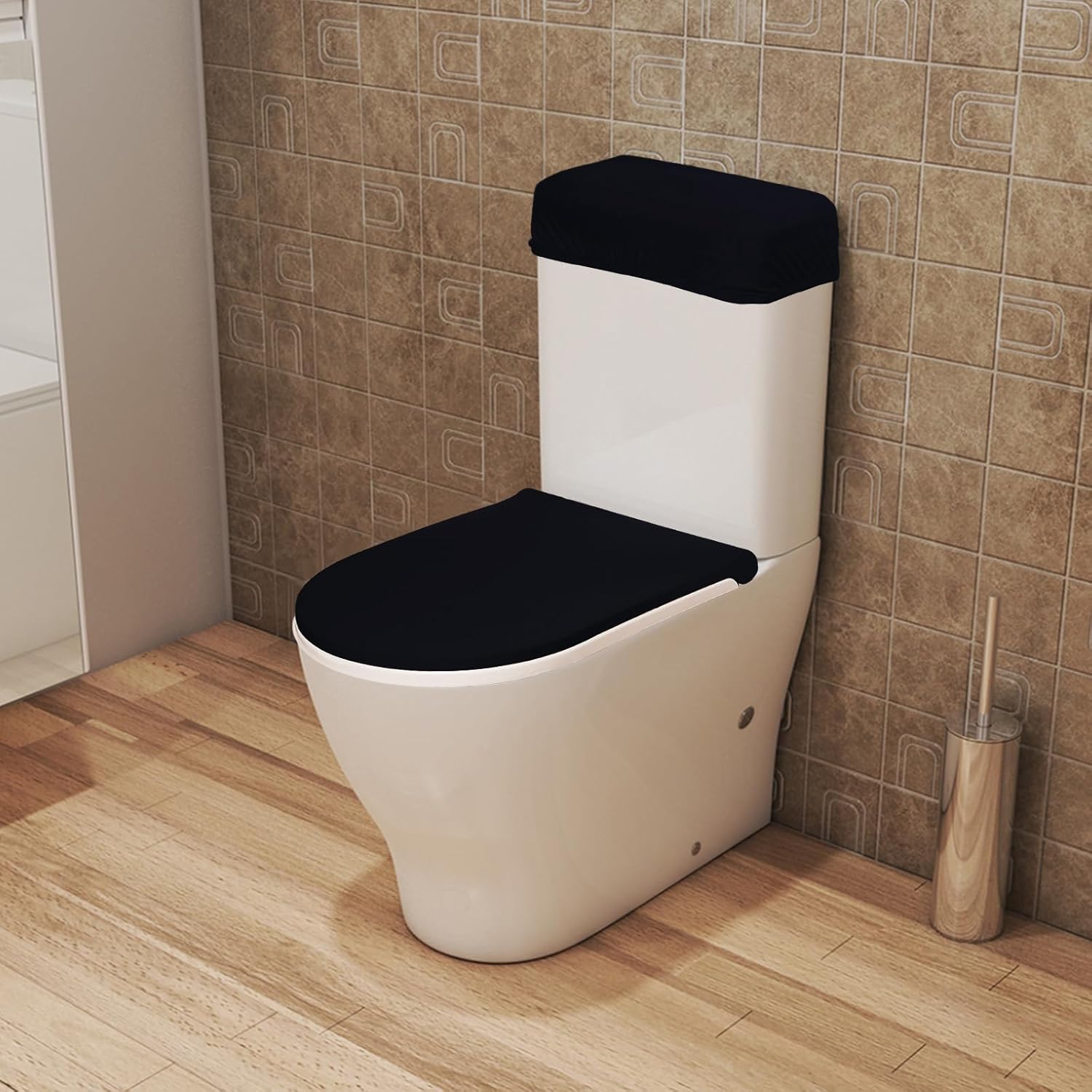 Toilet Lid Cover and Toilet Tank Cover,Elastic Edges, Soft Bathroom Covers for Standard Oblong Round Elongated Bath Room Bowl Lids, Washable (Black)