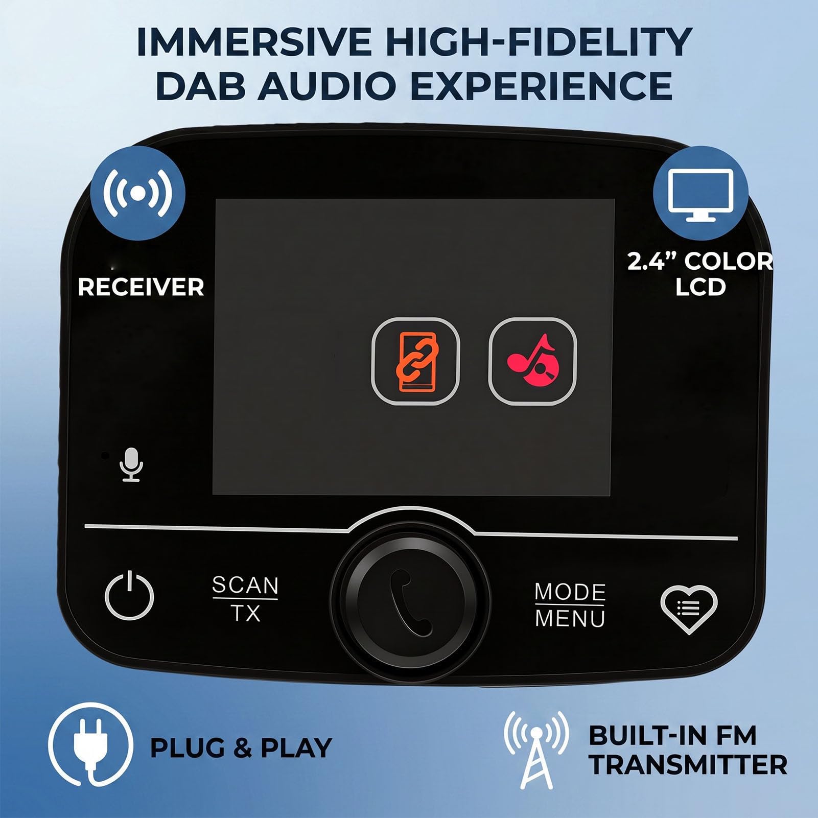Receptor de Radio Dab para Coche de 2.4 Pulgadas con Bluetooth Transmisor FM Manos Libres para Salpicadero