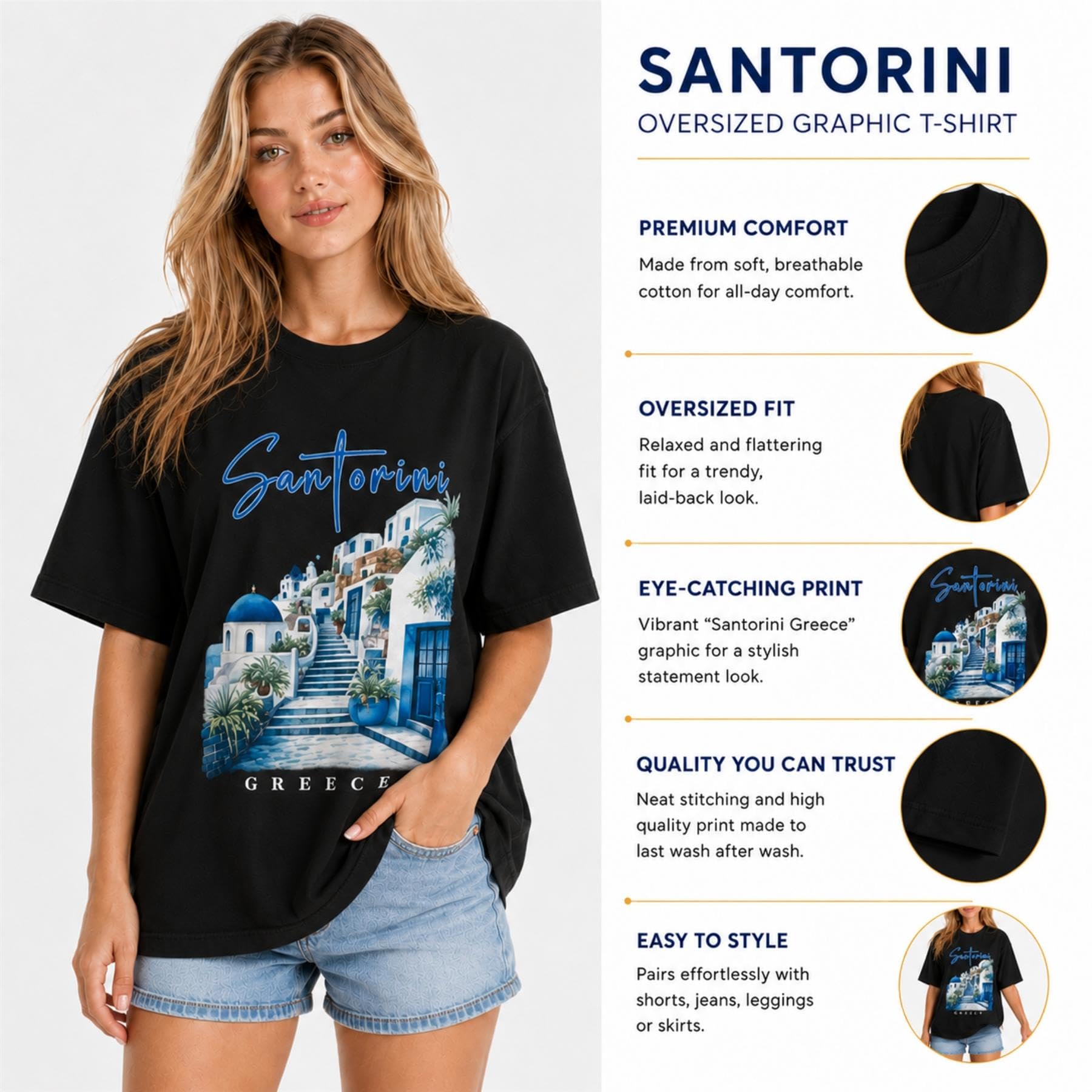 janisramone® Santorini & La Bella T-shirt ample imprimé graphique pour femme
