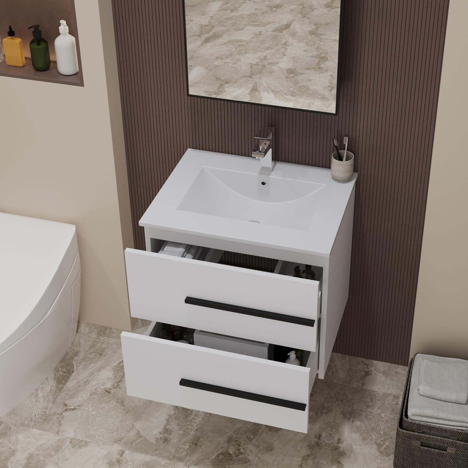 Waschbecken mit Unterschrank 60 cm breit, Waschbeckenunterschrank, Badmöbel Set für Gäste-WC, Hängender Waschtisch mit Keramikwaschbecken, Weiß Hochglanz Badmöbel mit 2 Soft-Close-Schubladen