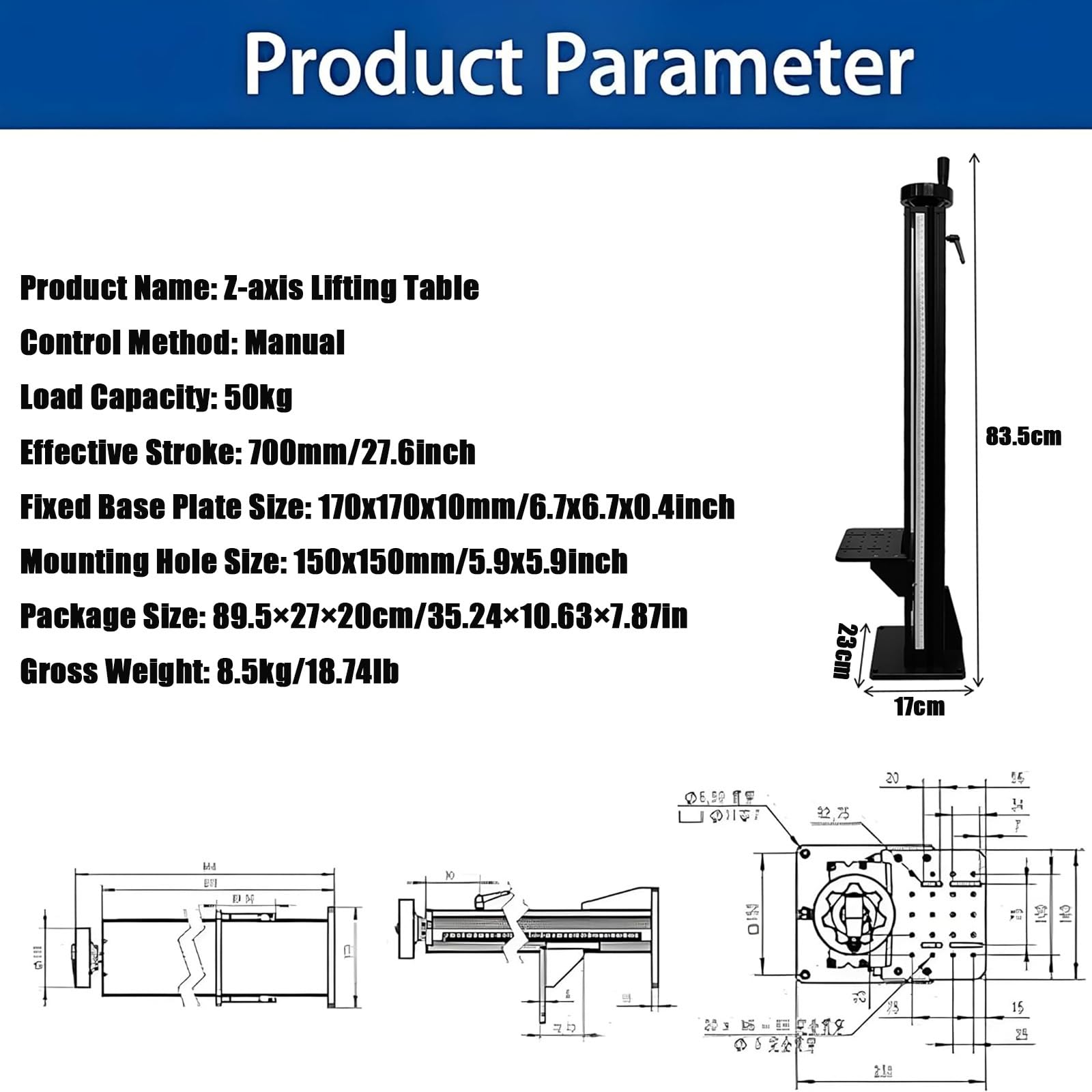 Plataforma de elevación manual de eje Z con columna de tornillo tipo T y etapa deslizante para experimentos ópticos y equipos científicos