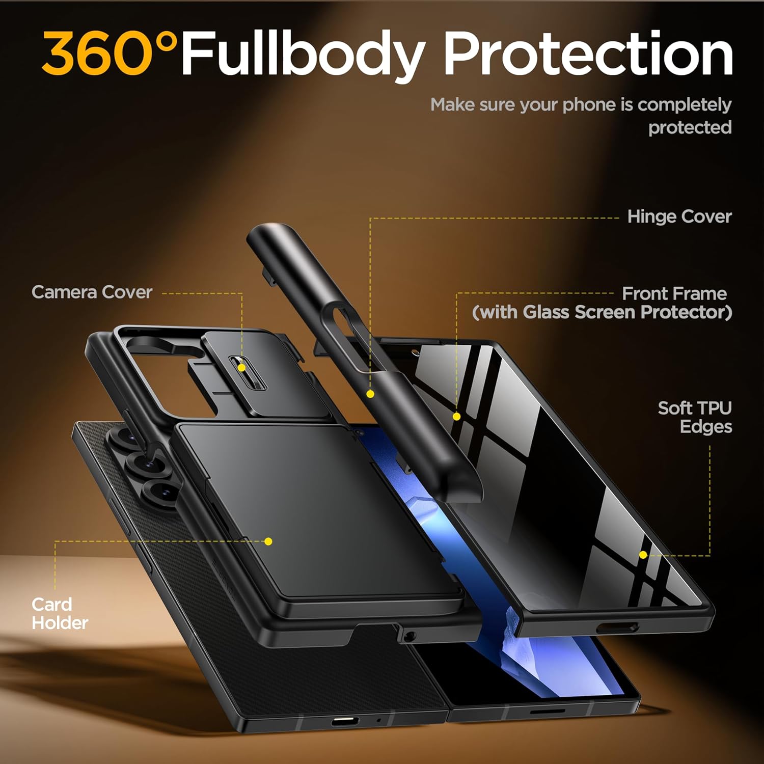 TONGATE for Z Fold 6 Case, [Anti Spy Privacy Screen Protector & Slide Camera Cover] [Card Holder & S Pen Holder]Rugged Hinge Protection Wallet Stand Phone Case for Samsung Galaxy Z Fold 6, Dark Black