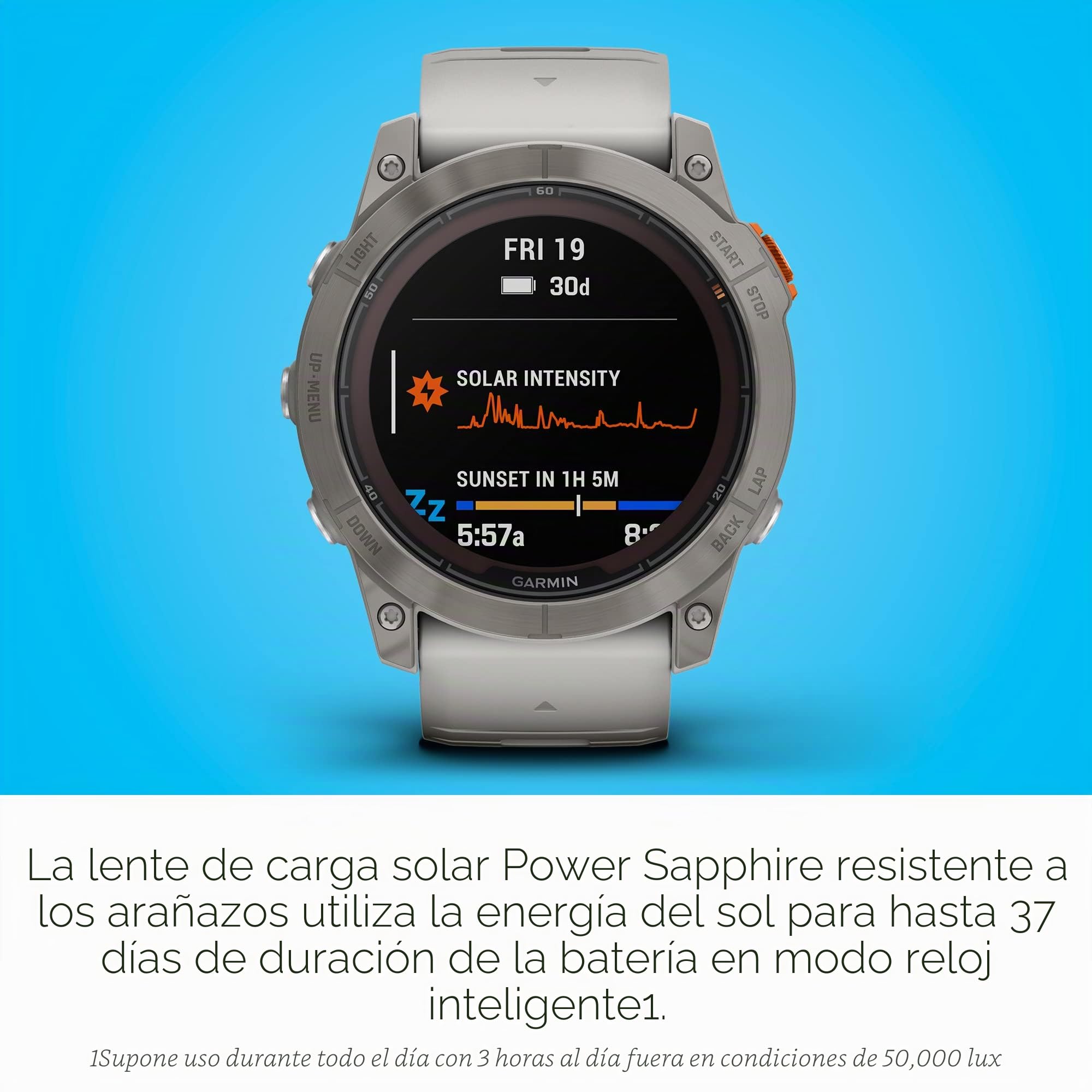 Garmin fēnix 7X Pro Sapphire Solar, Reloj Inteligente GPS Multideporte, Linterna integrada, Capacidad de Carga Solar, Gris Niebla/Naranja ámbar