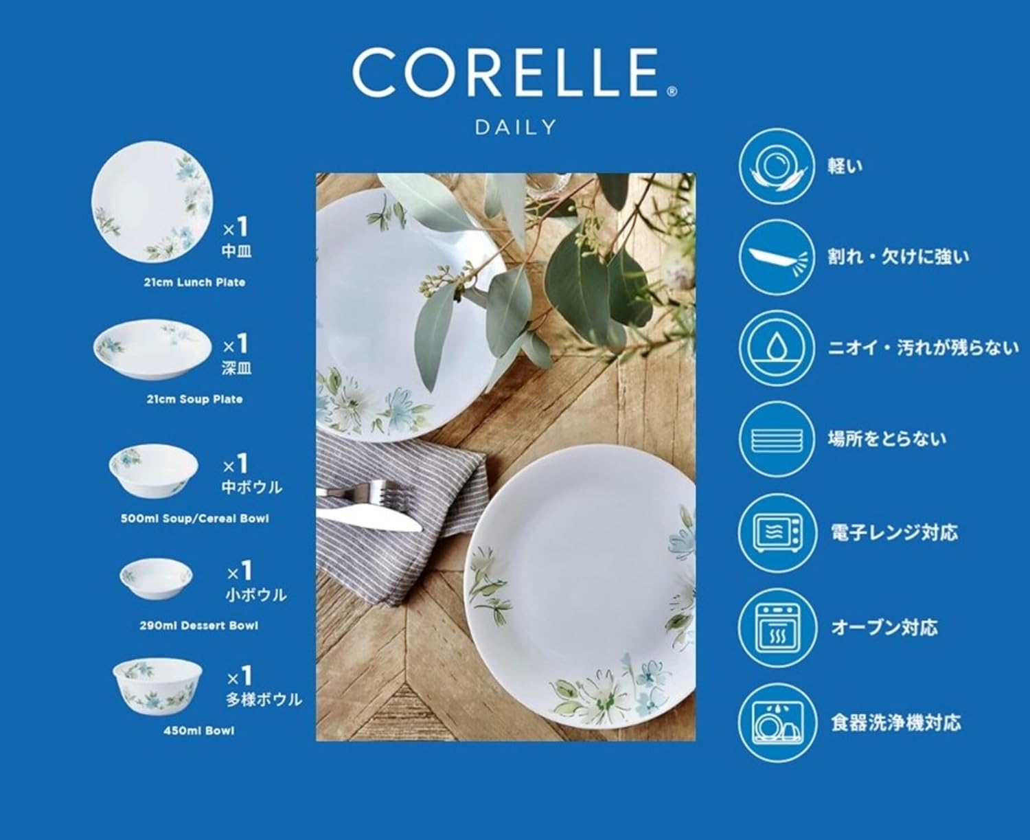 Corelle CP-8943 Daily Fairy Flora 5-Piece Set, Medium Plate, Deep Plate, Medium Bowl, Small Bowl, Variable Bowl, Break-Resistant, Lightweight, Microwave Safe, Oven Safe, Dishwasher Safe