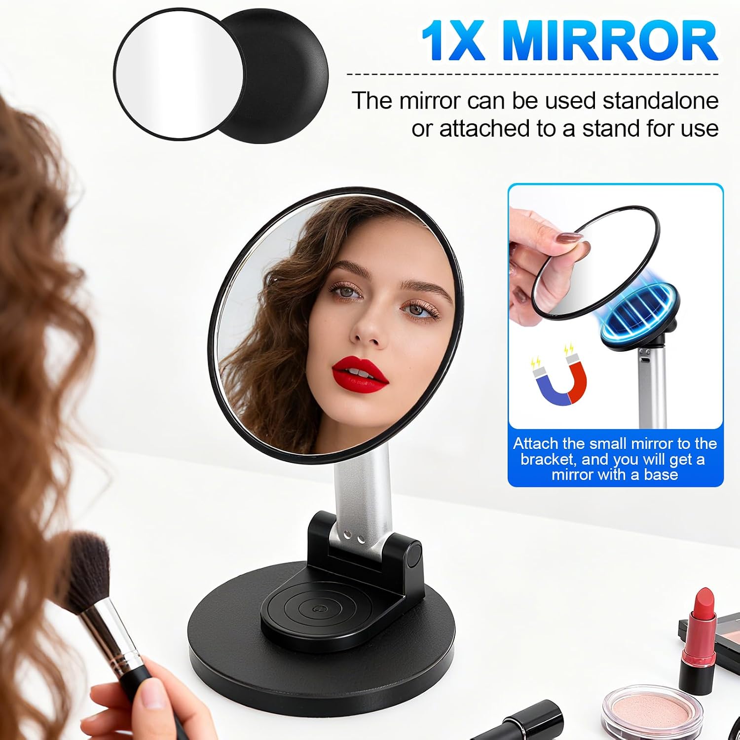 Portable Makeup Mirror with Stand, Black Metal Frame, 3.86 Inch Round, Magnetic Detachable Design, Desktop Phone Holder Base (Black)