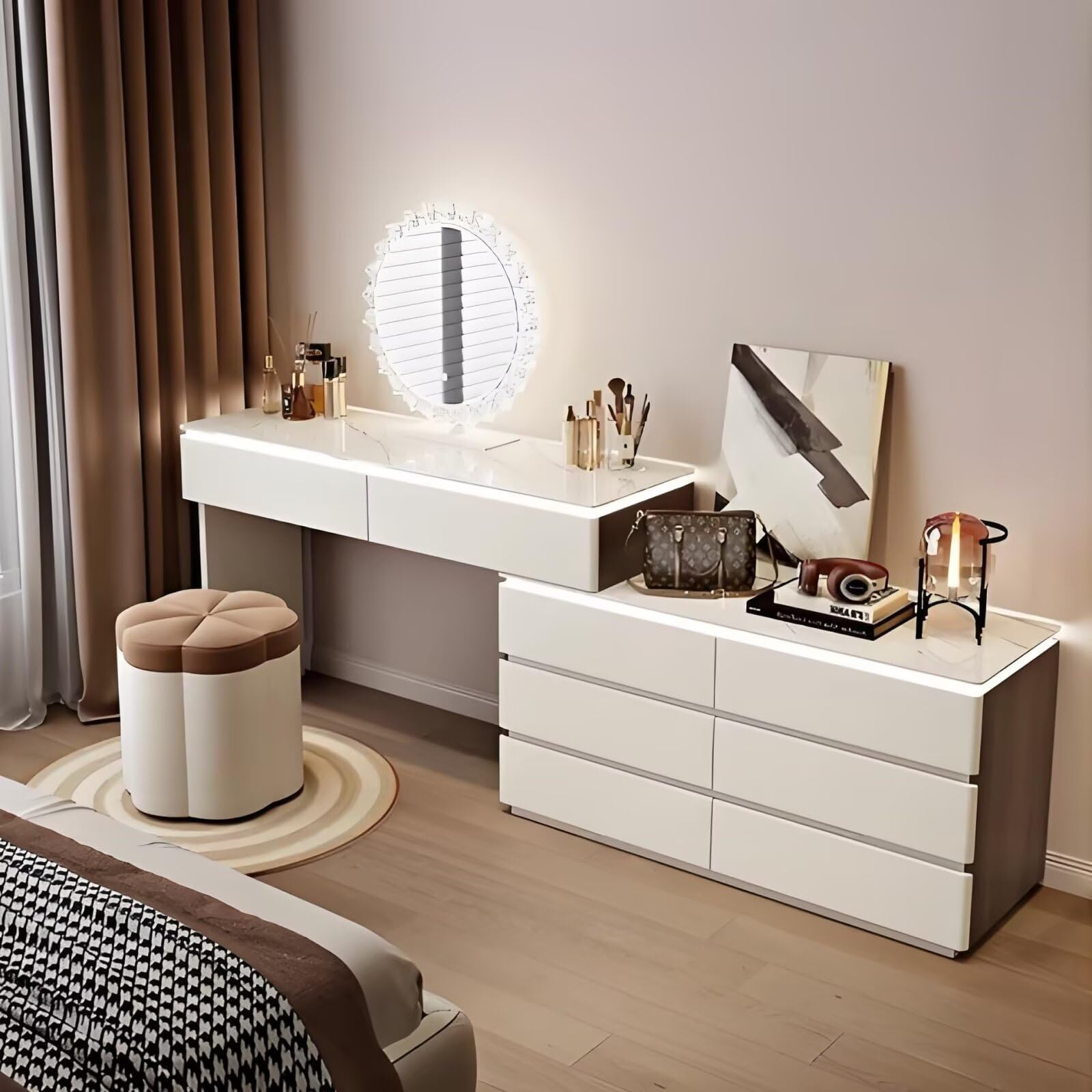 LPP-AWH Makeup Vanity - Rock Slab Countertop Vanity Desk Set with Ambient Light and Makeup Chair,Solid Wood Dressing Table Include Round Smart LED