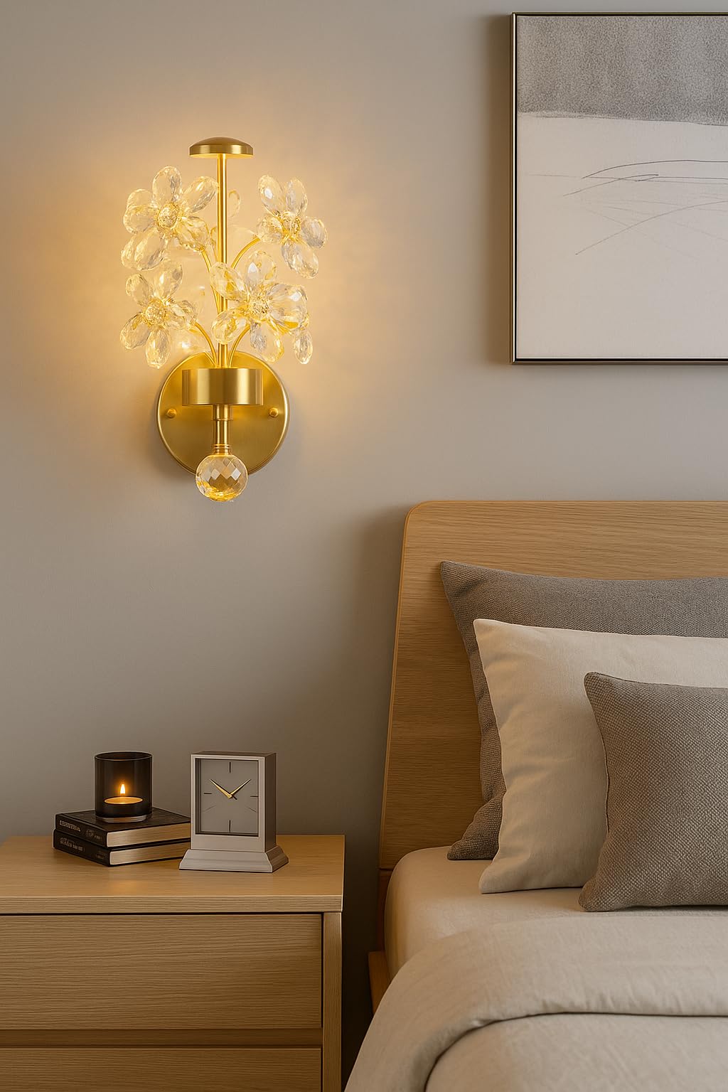 blissbells Crystal Flower Wall Sconce, Gold Brass Finish, Modern Decorative Wall Light with Crystal Pendant-image-18