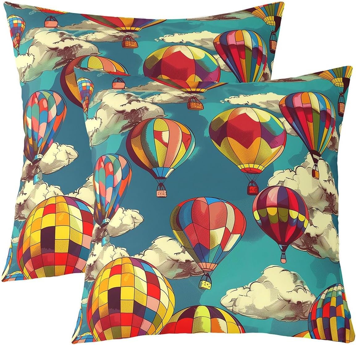 Kids Hot Air Balloon Set Of 2 Throw Pillow Covers Rainbow Balloon Cushion Covers Cartoon White Cloud Sky Pillow Covers Aviation Journey Decorative Pillow Covers For Teens Boys child,24x24 Inch