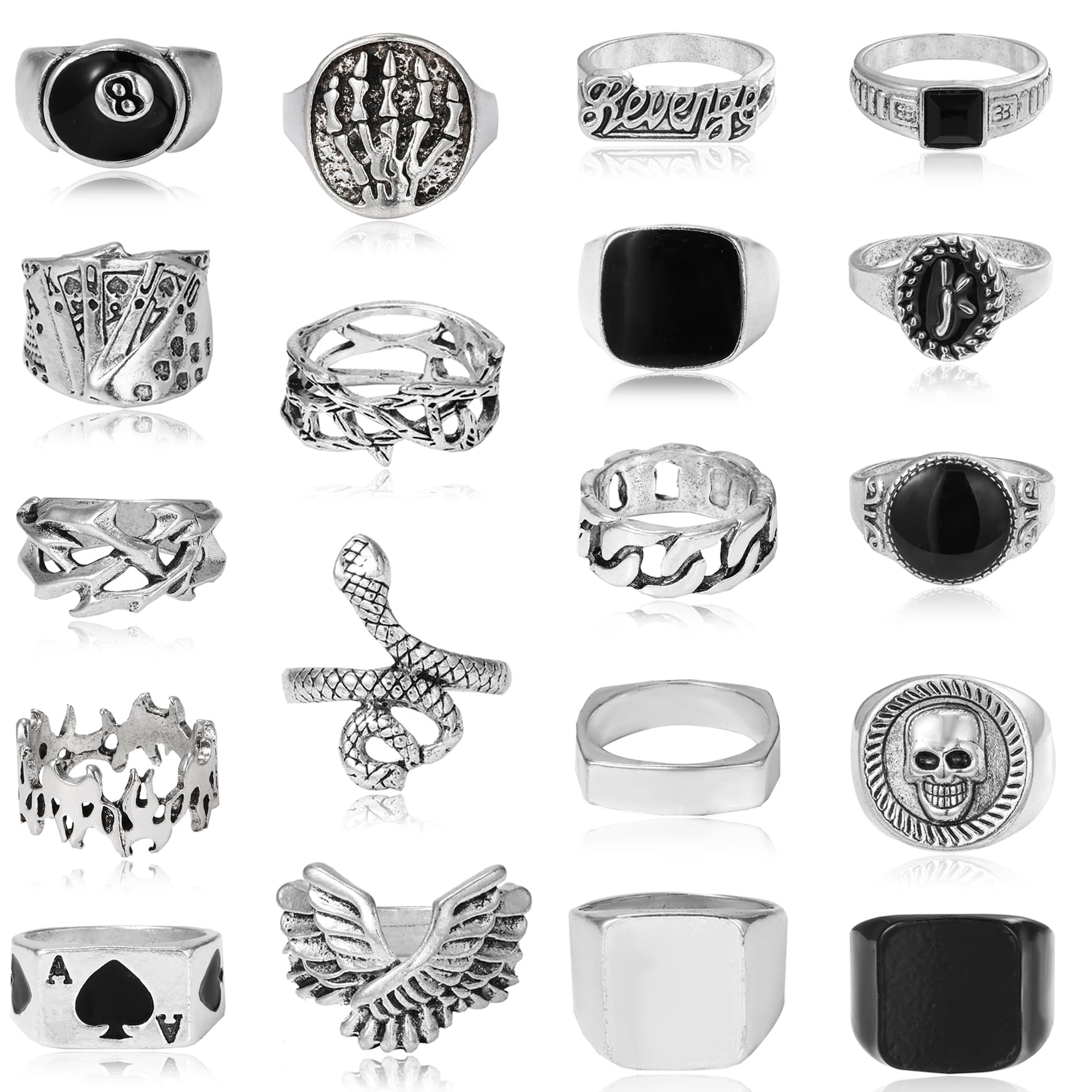 Vintage Silver Punk Rings Set for Men Cool Gothic Chunky Rings Statement Signet Snake Wing Ring Set