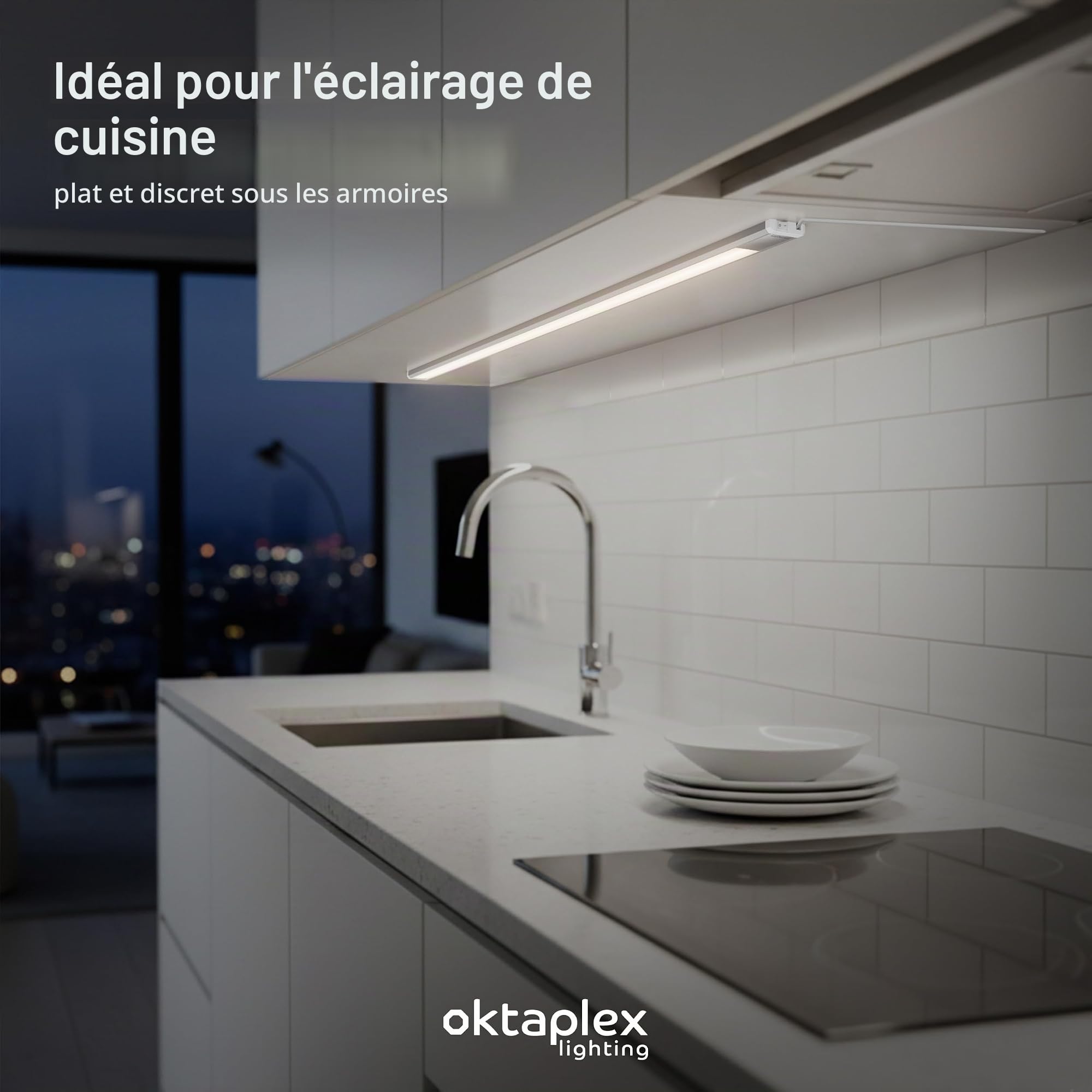 Oktaplex lot de 1 Riva réglette LED cuisine 120 cm | 15 W avec 1150 lm en blanc neutre 4000K sur 230V, aluminium, avec interrupteur