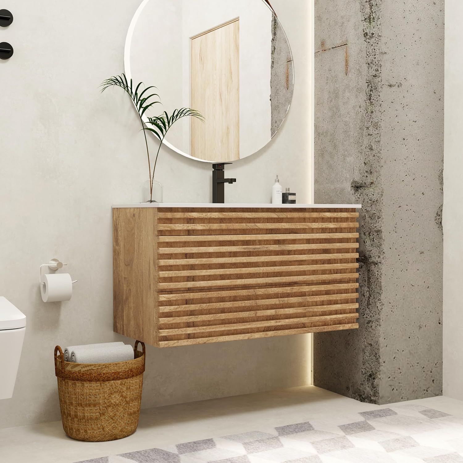UEV Umywalka z szafką pod umywalkę, 90 cm, wisząca, szuflady z systemem Soft-Close, miejsce do prania, umywalka ścienna, meble łazienkowe, meble łazienkowe, zestaw mebli łazienkowych dla gości, kolor