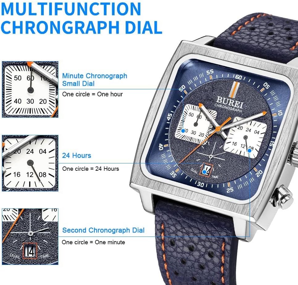 BUREI Men's Watch,Fashionable Square Watch,Chronograph,Waterproof,Luminous,Calendar Multifunction Men's Watch with Leather Strap - Image 2