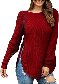 TWGONE Sweaters for Women Casual Irregular Split Hem Crewneck Long Sleeve Slouchy Knit Tunic Sweaters Pullover Tops