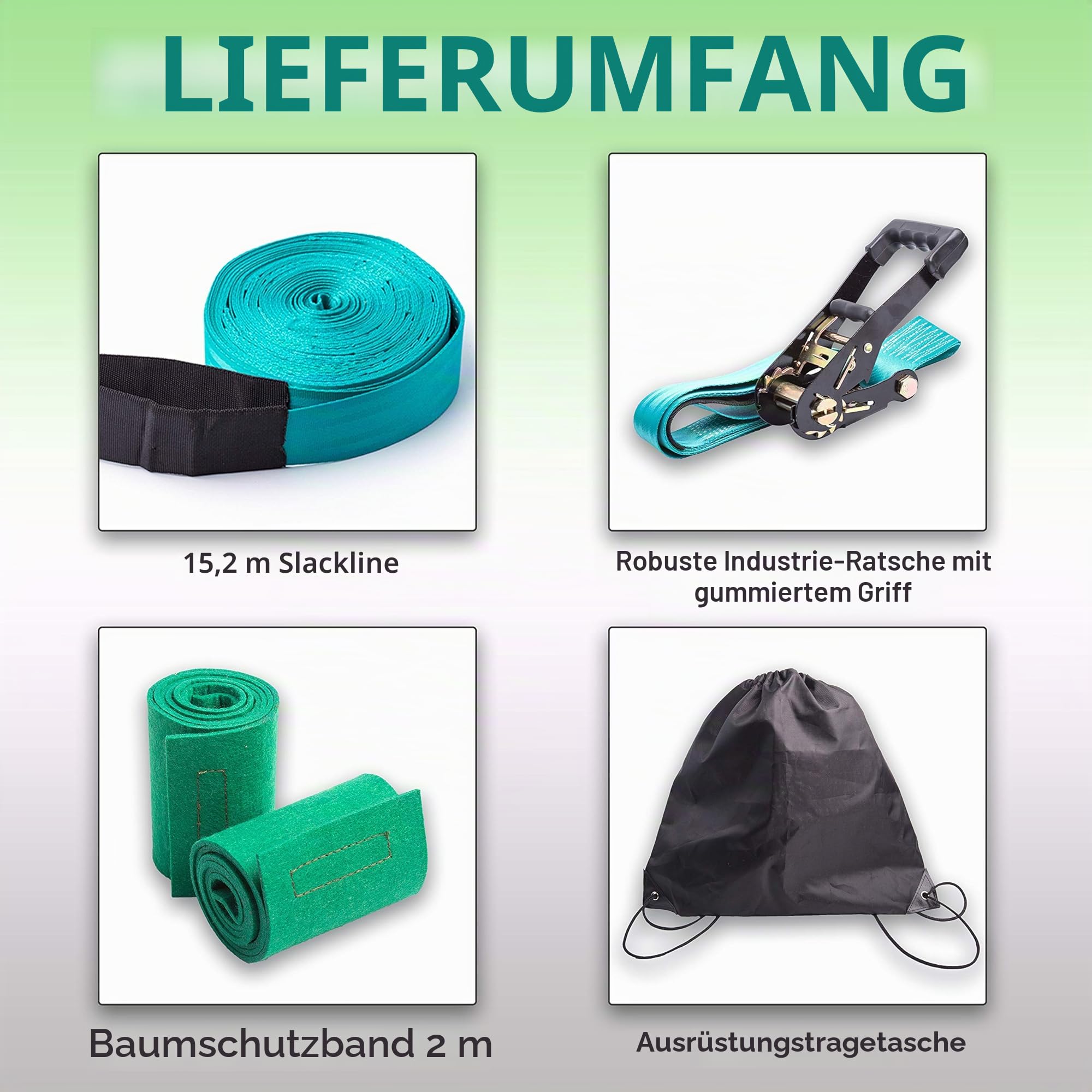 Slackline für Gleichgewichtstraining 50 'mit Hochleistungs-Industrieratsche, Baumschutzband und Tragetasche - Slack Lines für den Garten - Ninja Slackline Support -Geschenkset für Kinder (Türkis)