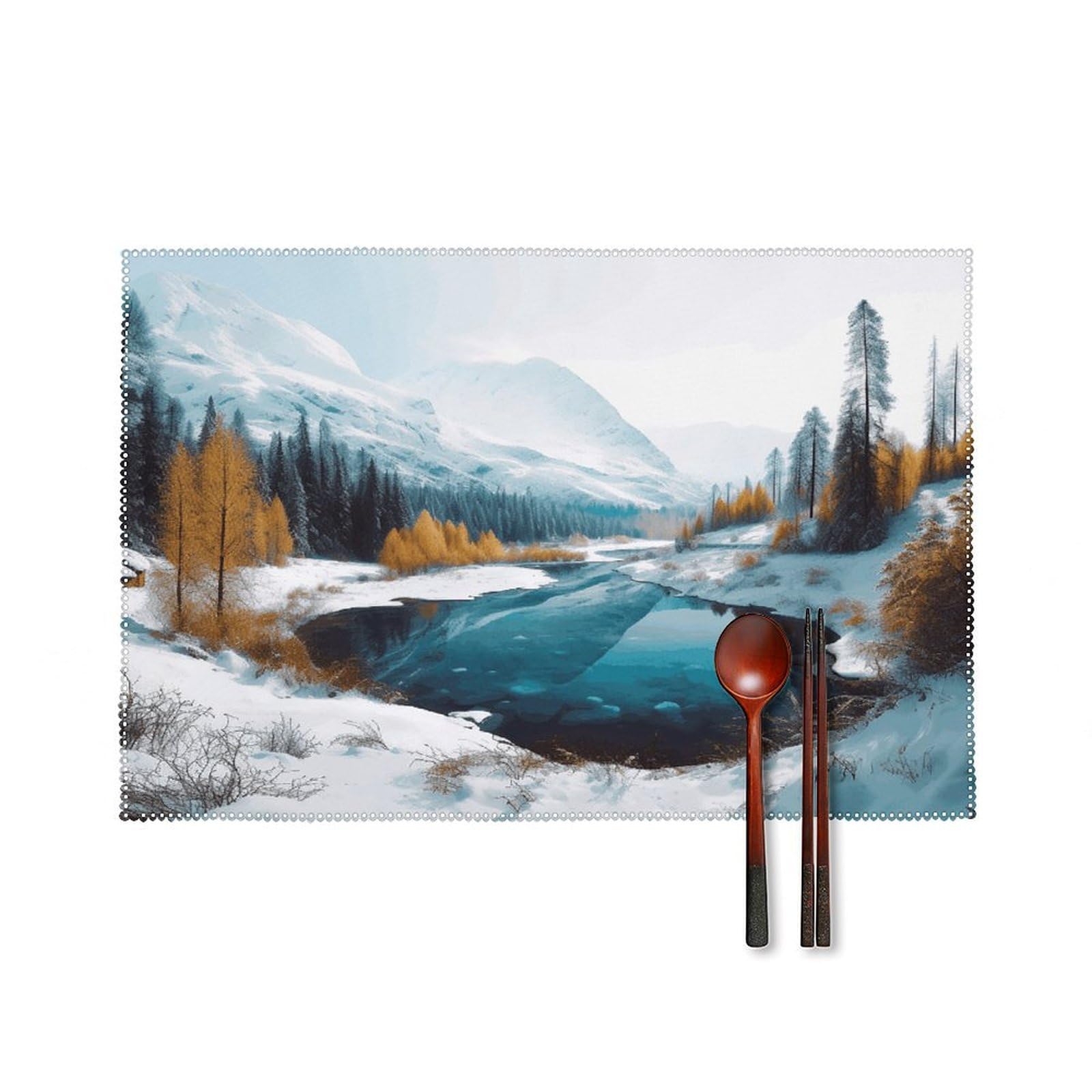 Winter Mountains Snow Scene Placemats Set of 6 Heat Resistant Non-Slip Place Mats Washable Wipeable Table Mats Elegant Farmhouse Placemat for Kitchen Dining Outdoor Party Table Decor