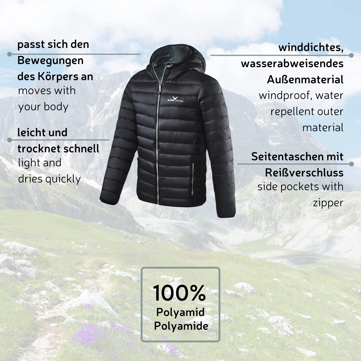 Black Crevice Herren Steppjacke I leichte Steppjacke in verschiedenen Farben & Größen I wind- & wasserabweisend Herren-Jacke I Steppjacke mit Kunstfaserfüllung I Steppjacke mit Kapuze