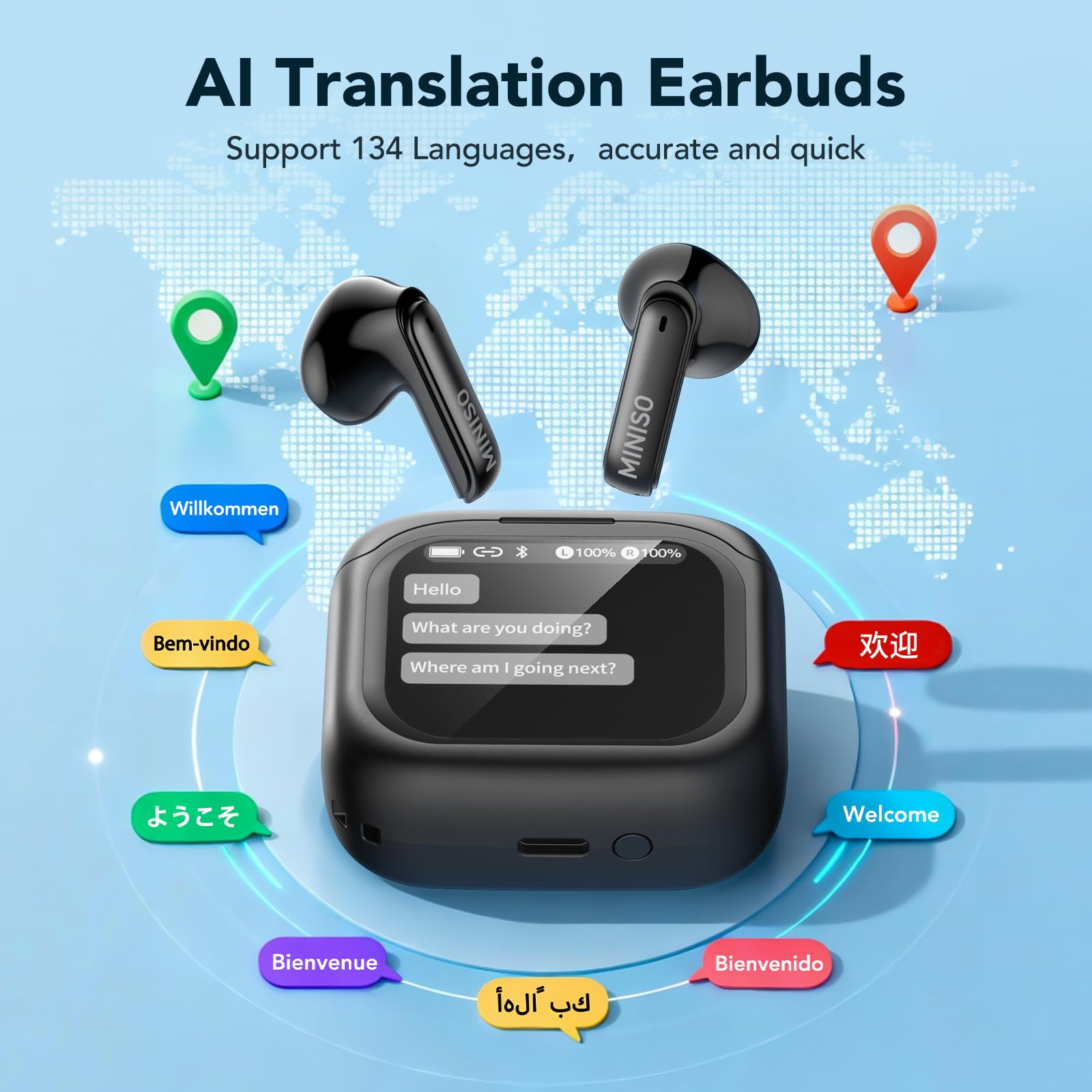 MINISO MS103 Cuffie con traduzione automatica in tempo reale e intelligenza artificiale, 134 lingue, touchscreen LCD, Bluetooth 6.0, ideali per viaggi, lavoro e studio