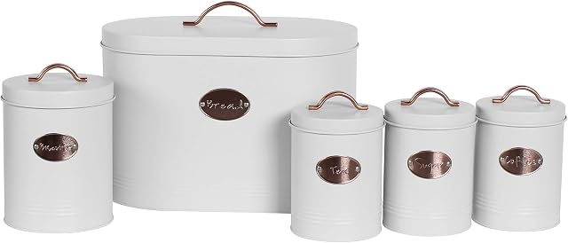 5PC Kitchen Food Storage Set Bread Bin, Biscuit Tin and Tea, Coffee & Sugar Canister Set, Vintage Classic Inspired Metal Storage Set BY Crystals® (White)