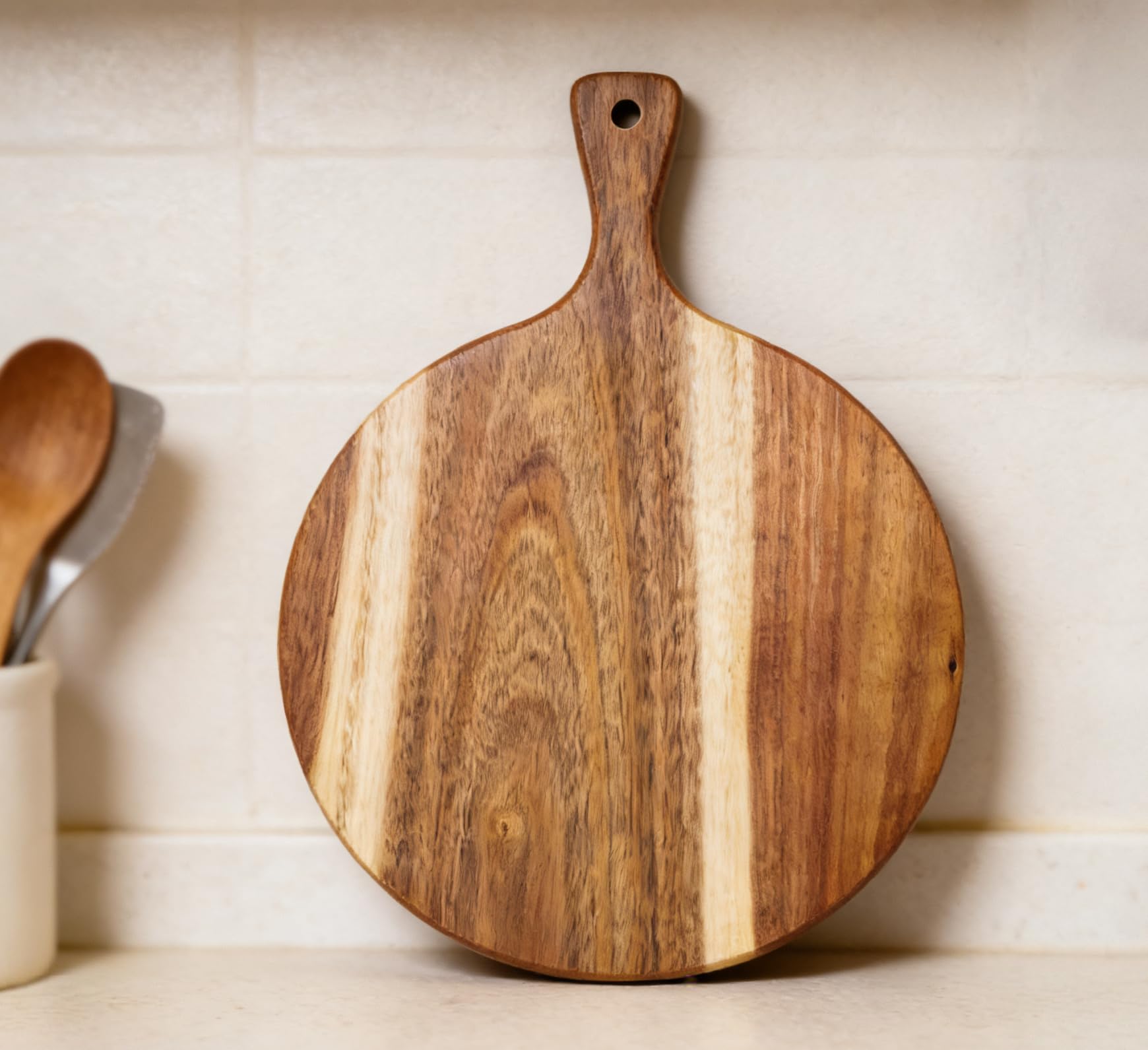 ZeQi Round Acacia Wood Cutting Board with Handle 16''x12'' /Charcuterie Board/Pizza Board/Serving Board for Cheese, Bread, Vegetables & Fruits (Round)