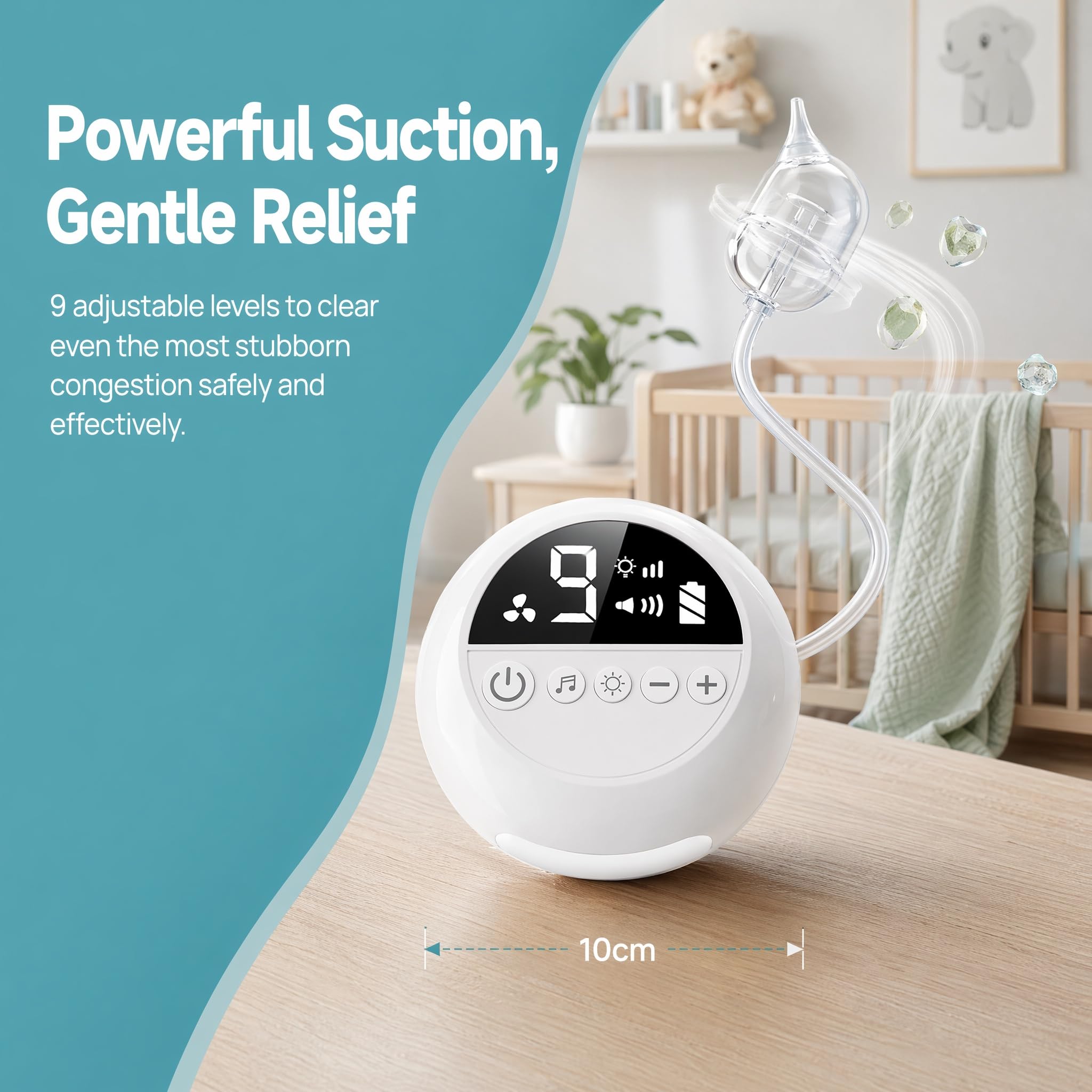 Aspiratore Nasale Elettrico Neonato, 9 Livelli con 3 Punte Silicone | 9 Livelli di Aspirazione | 3 Punte in Silicone Morbido | Ricaricabile USB | Luce Notturna e Musica per Bambini