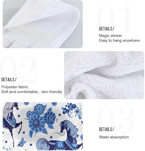 Miniatura 5 de Juego de 2 toallas de cocina colgantes con diseño floral de caballo azul, suaves, absorbentes, toallas de mano de terciopelo coral, toallas de mano