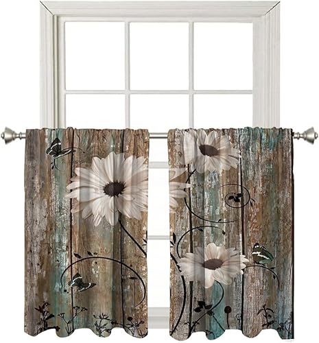 Miniatura 17 de Cortinas cortas de 24 pulgadas de largo, cortina de oscurecimiento de habitación para cocina, baño, dormitorio, estilo rústico, girasol, tela con