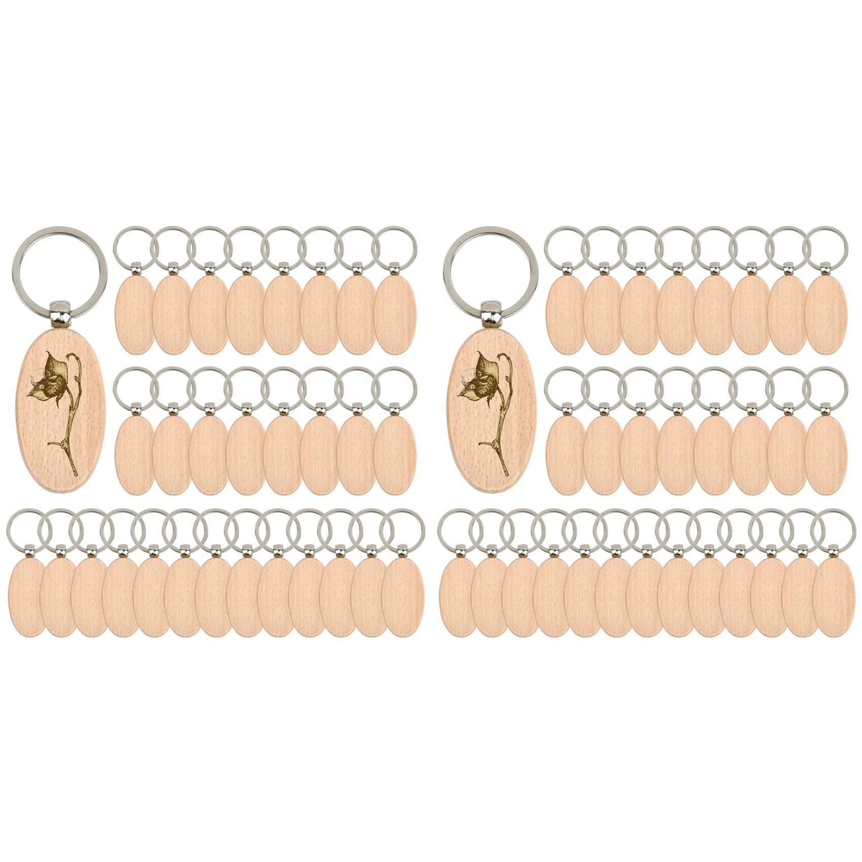 Vjsujehgy 60PCS Oval Wooden Keychain Blanks Unfinished Wood Keychain Blank Key Ring Key Tag Wood Engraving Blank Keychains
