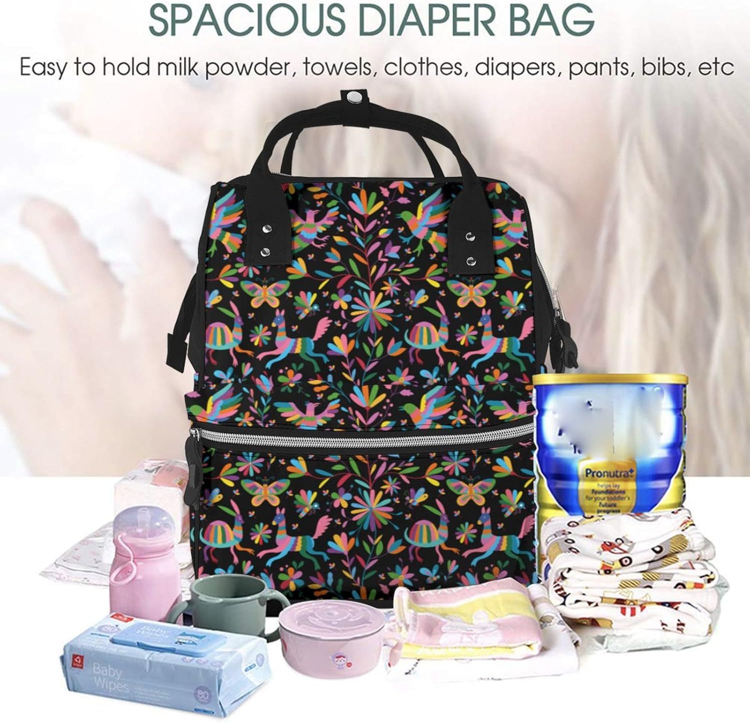 Mexican Otomi Style Bright Pattern Diaper Bag Backpack for Women, Large Capacity Waterproof Travel Bag with Stroller Straps