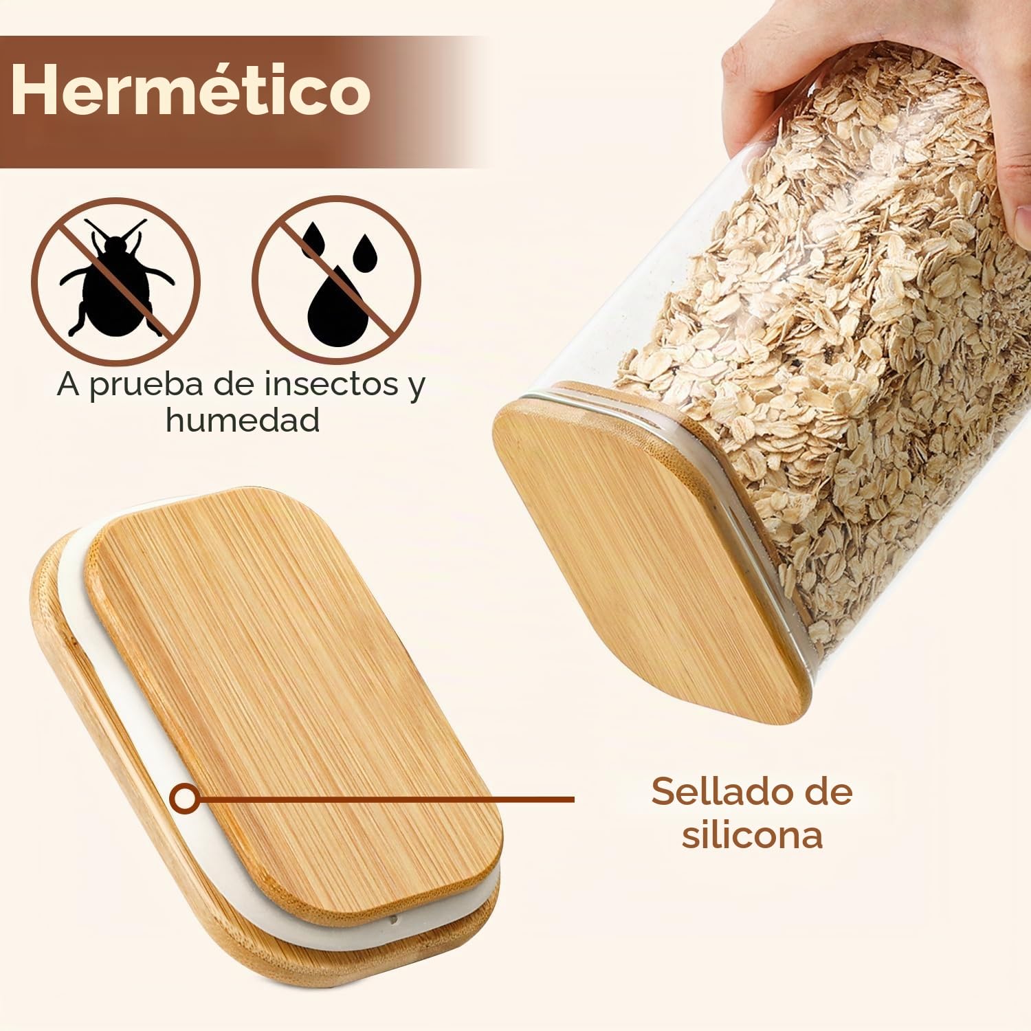 ComSaf Recipientes rectangulares de vidrio de 2 cuartos de galón con tapas, tarros de vidrio con tapas de bambú, tarro transparente para alimentos, juego de 3 recipientes cuadrados, organizadores de