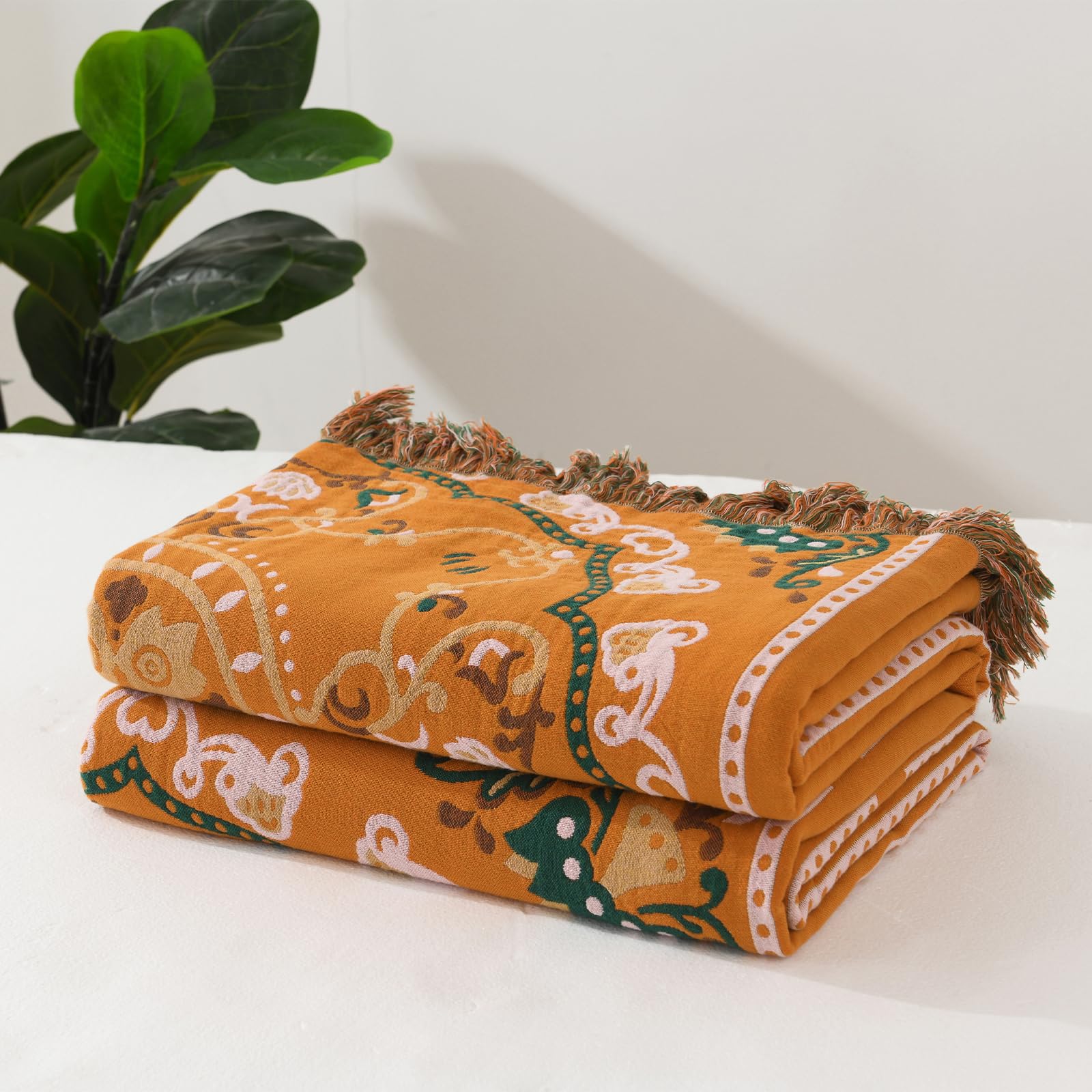 DUOMINGCotton Throw Blanket - Versatile Soft Warm Blanket Throw, Bohemian Designed Bedspread with Tassels for Covering Sofa Bed Couch Armchair(90x98inch/230x 250cm, Burnt Orange)