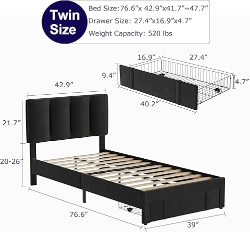 Vista 2 de VECELO Base de cama de tamaño individual con cajón de almacenamiento, base de cama de plataforma resistente con cabecera y fuerte soporte de Negro