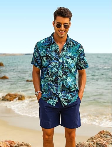 Miniatura 2 de EISHOPEER Conjunto de camisa hawaiana con flores para hombre, casual, con botones, de manga corta y pantalones cortos de playa de secado rápido,