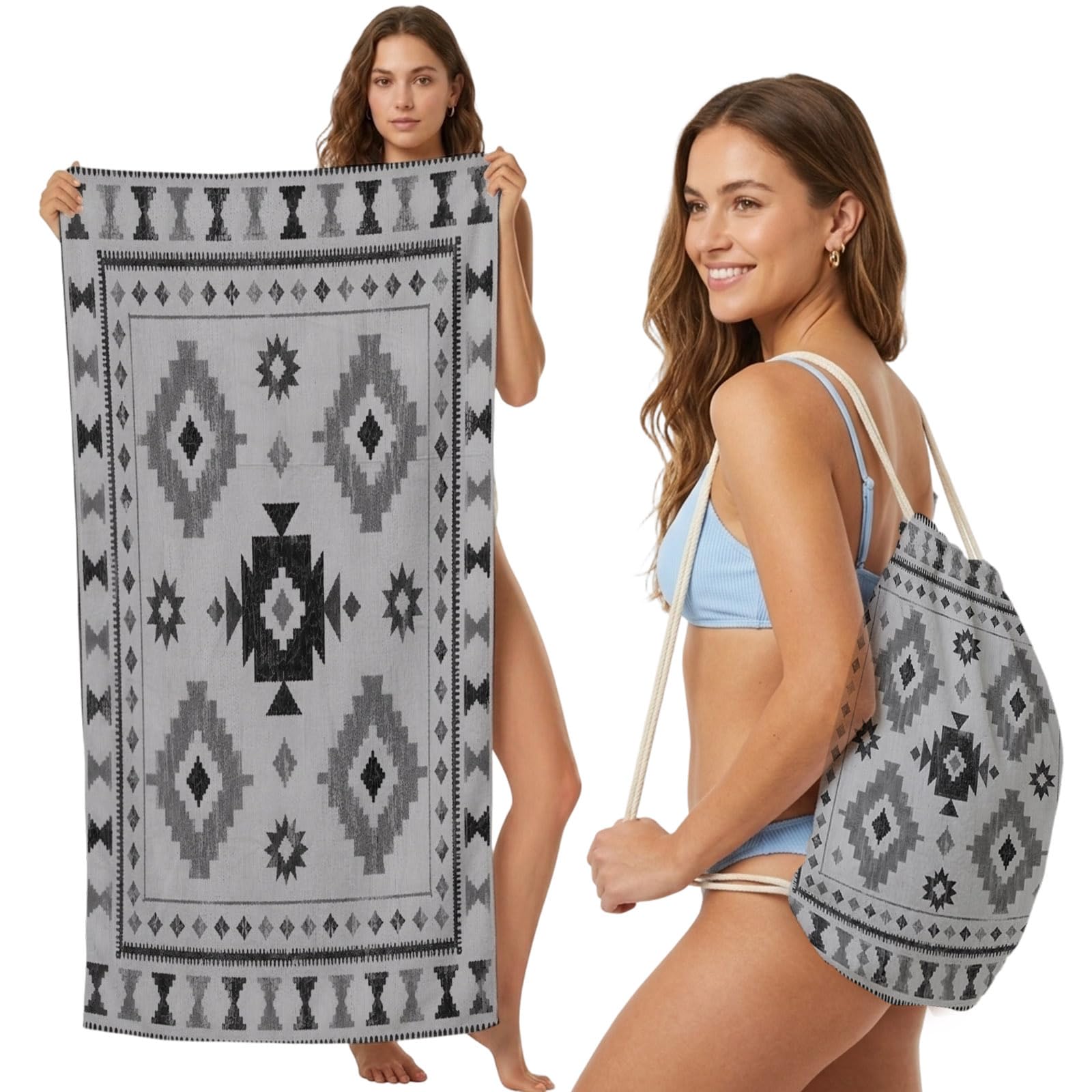 Beach Towel Bag 2 in 1 Grey Southwestern Aztec Arrows Bath Pool Towels Backpack Bohemian Tribal Absorbent Beach Towel Soft Quick Dry Lightweight Packable Towels Drawstring Bag for Travel Sports Yoga