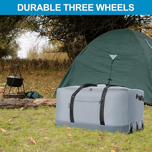 Miniatura 7 de Finnhomy Bolsa de lona plegable de 120 L con 3 ruedas, bolsa de viaje ligera con gran capacidad de carga, bolsa de lona con ruedas de 32 pulgadas