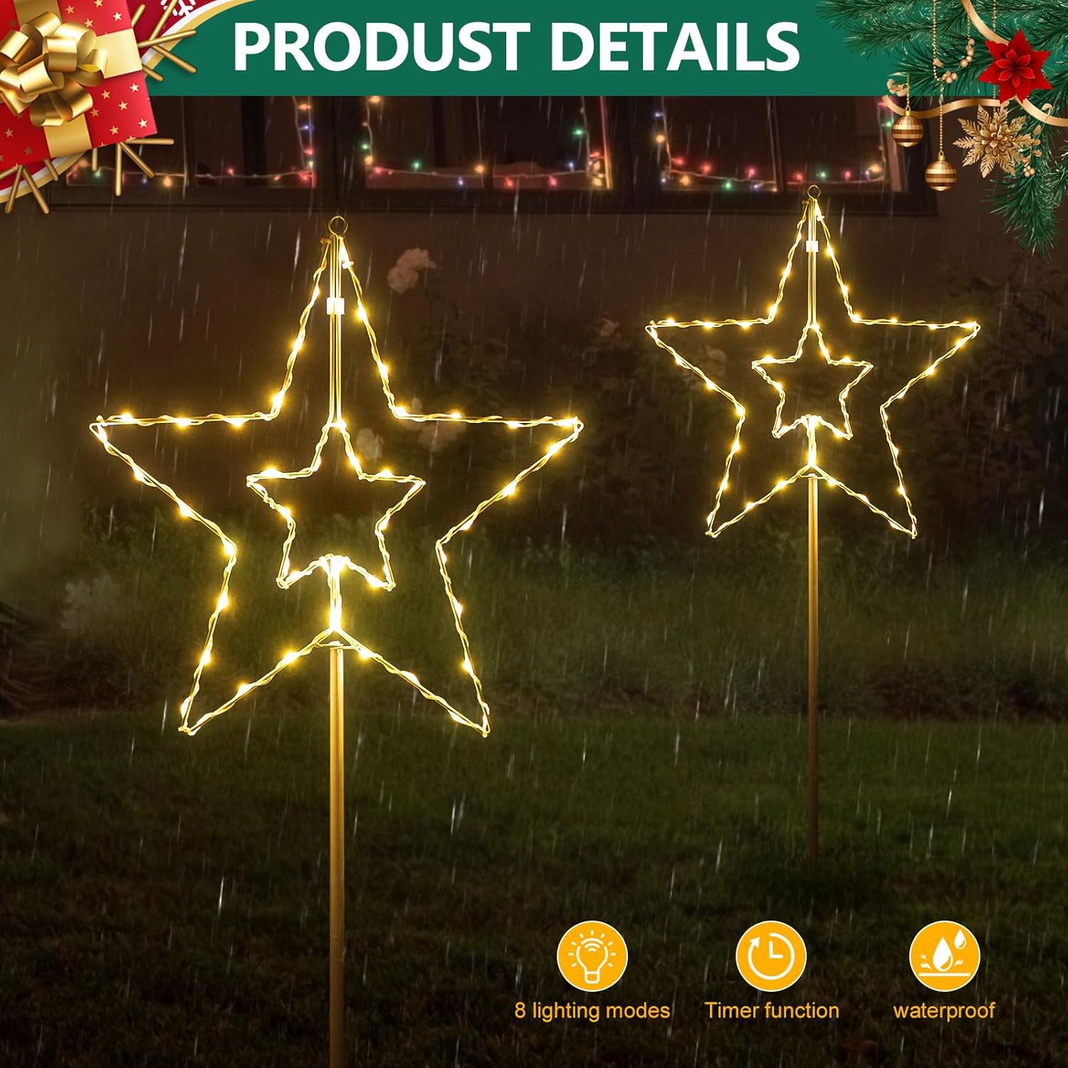 LIANTRAL Pathway Lights 3 Pack Christmas Pathway Star Lights Christmas Decorations 8 Modes Waterproof Solar Energy Led Garden Stake Lights for Outdoor Walkway Yard Lawn Porch Party (Warm White)