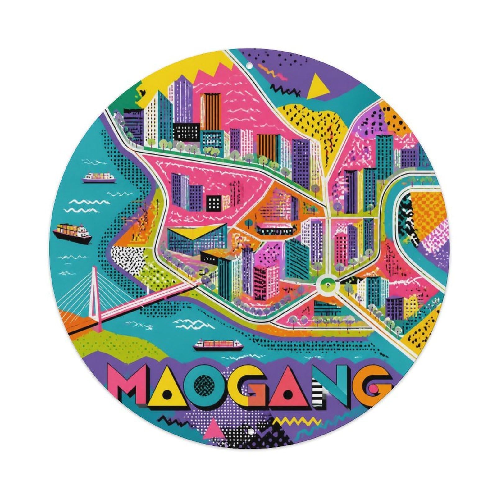 Okngb Style Retro Landmark Shanghai Maogang Town Collector Badge Metal Tin Sign Plaque Wall Decor For Cafe, Man Cave, Club Bar, Office, Home Garden Round Metal Poster 8X8inch