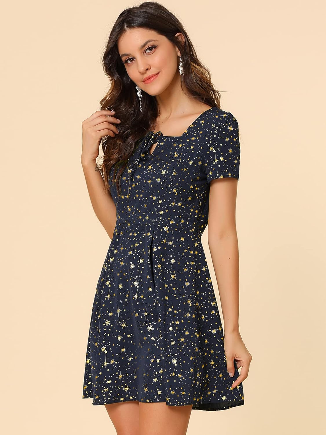 Allegra K Women's Printed Dress Summer 2025 Casual Square Neck Short Sleeve Fit and Flare Dresses - Image 2