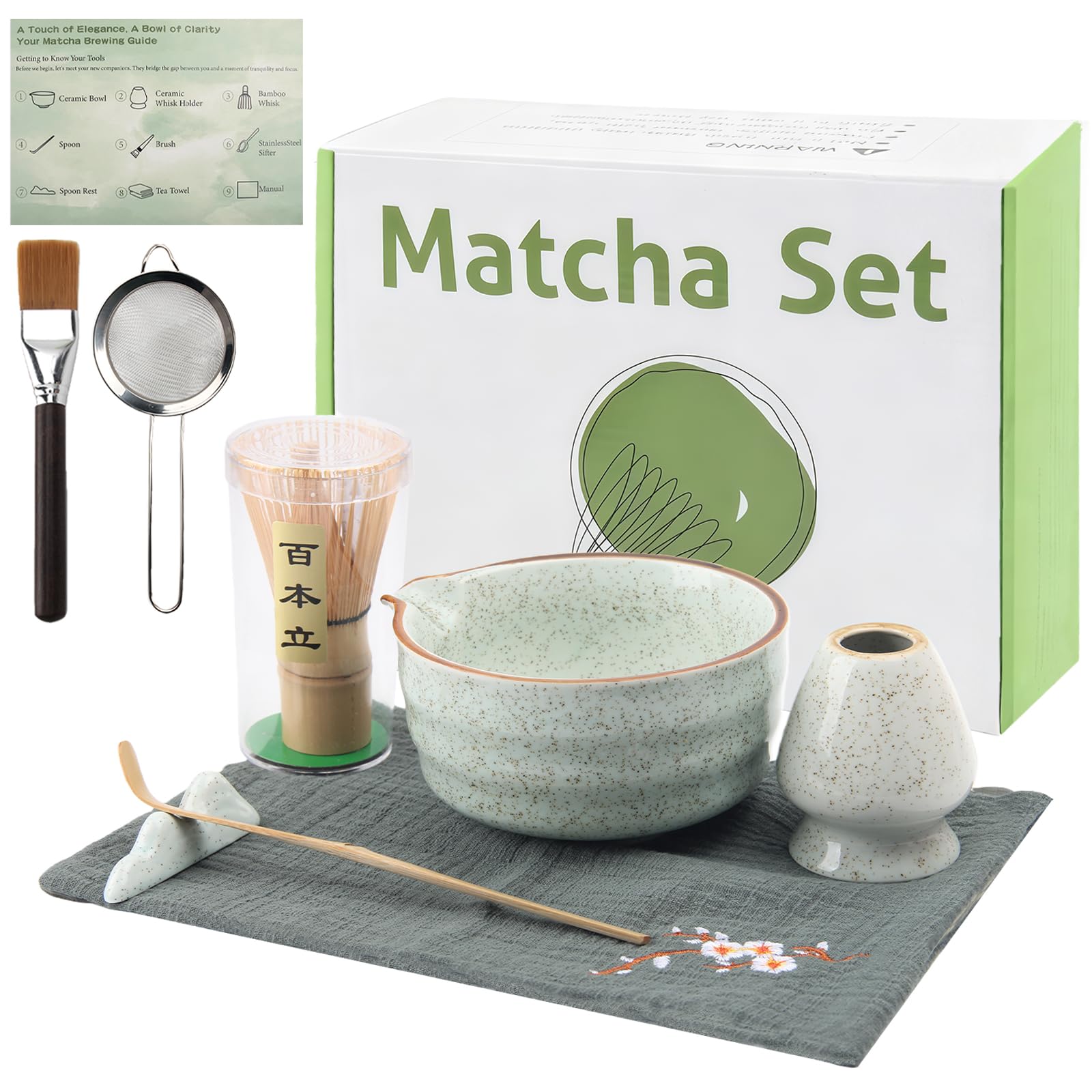 WERTIOO Matcha Set 8 Stück mit Handbuch - Matcha Tee Set, inkl. Keramik Matcha Schale, Schneebesenständer, Matcha besen, Matcha Sieb, Bambuslöffel, Perfektes Teegeschenk für Matcha Liebhaber (Grün)
