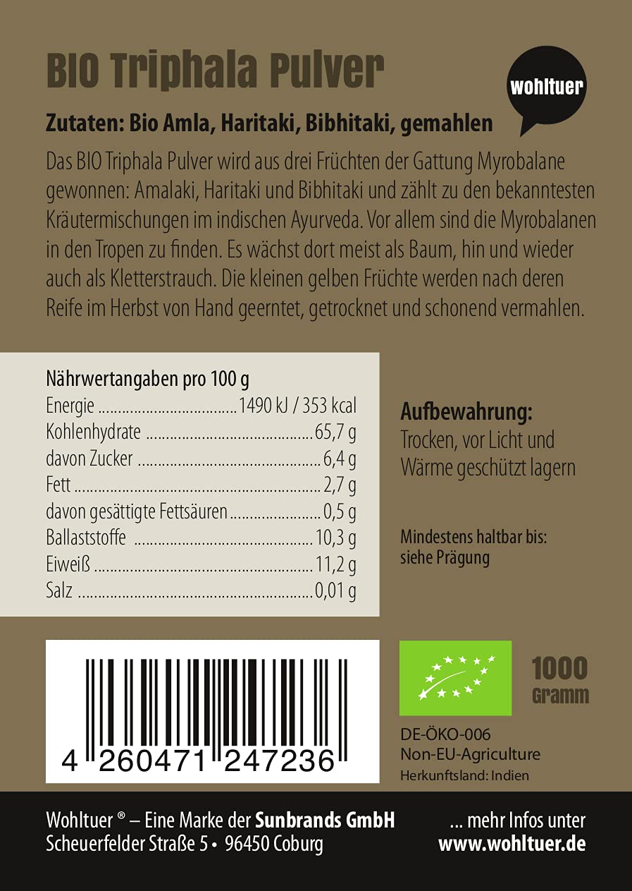 Polvere di Triphala biologica 1000 g – Contiene amla biologica, haritaki bio e bibithitaki macinato – ayurvedico