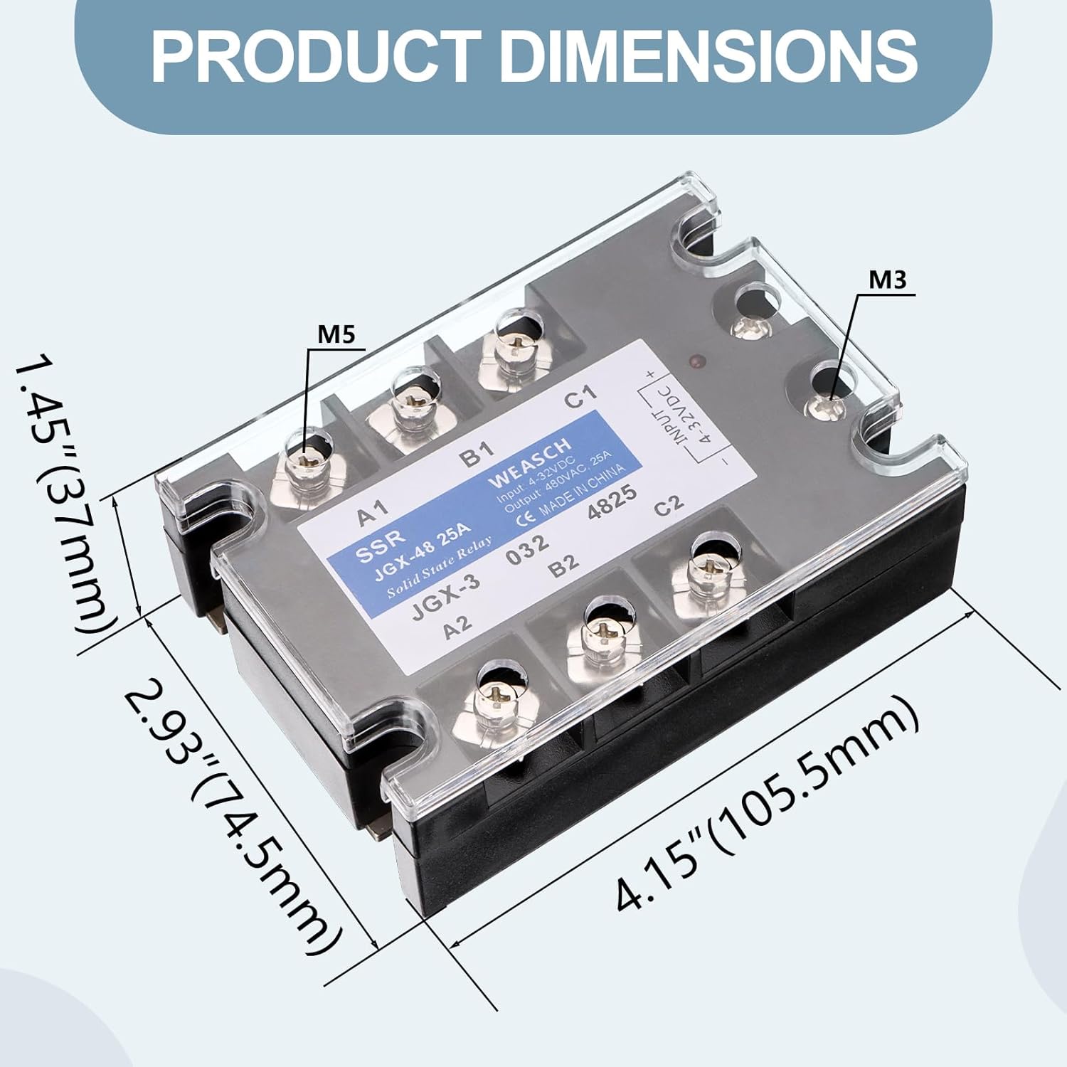2Pcs 3 Phase Solid State Relay, JGX-48 25A, DC to AC, Input 4-32VDC to Output 480VAC 25A (2)