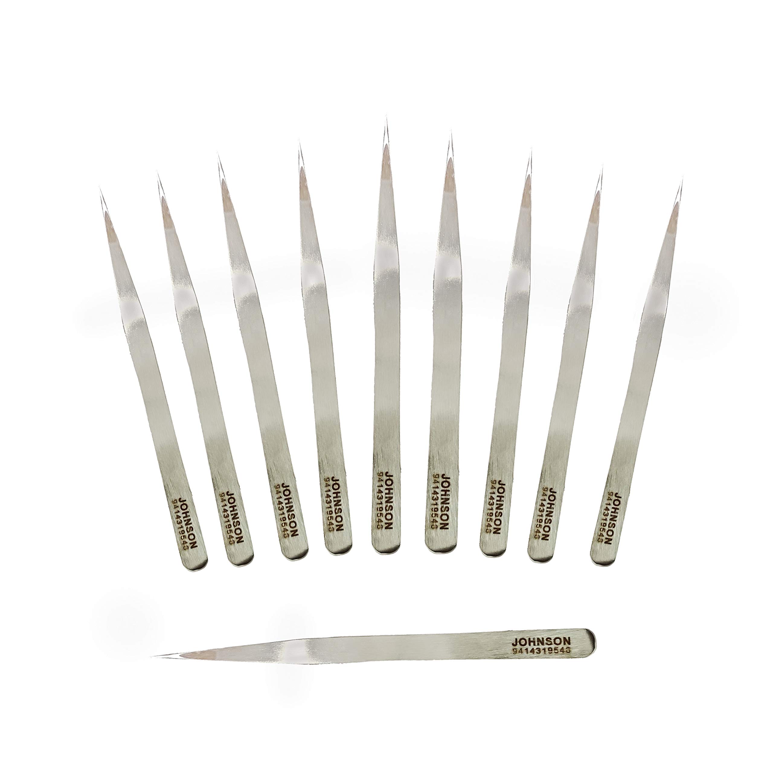 JOHNSON TOOLSJohnson Tools Set of Straight Tip Stainless Steel Tweezers for Mobile/Gadget/Laptop and Jewelry Repair (Color - Chrome, Set of 10 Pieces)
